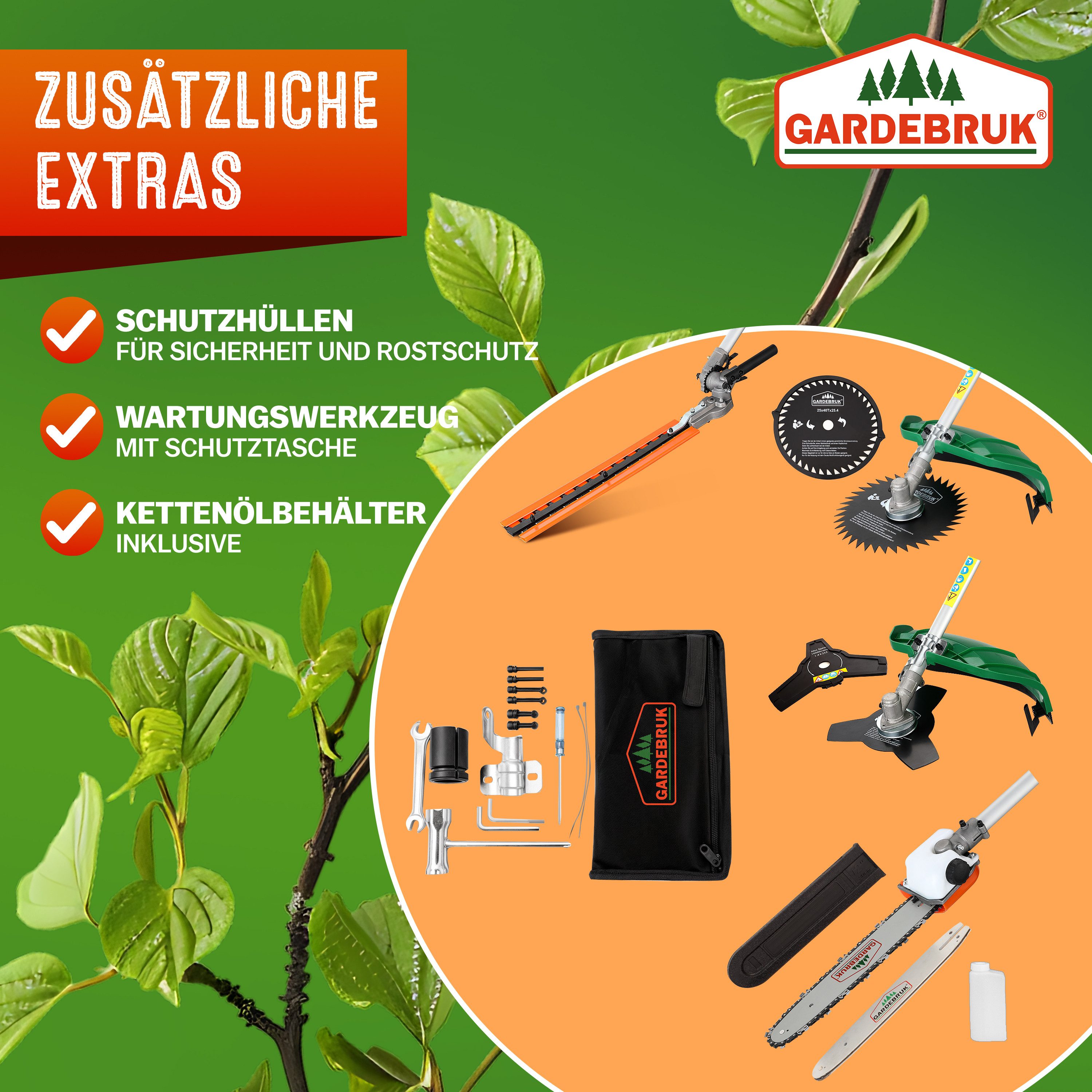 Gardebruk Benzin-Motorsense, GBMT520 2 PS Tragegurt 5 in 1 Multitool 1m Verlängerung Heckenschere