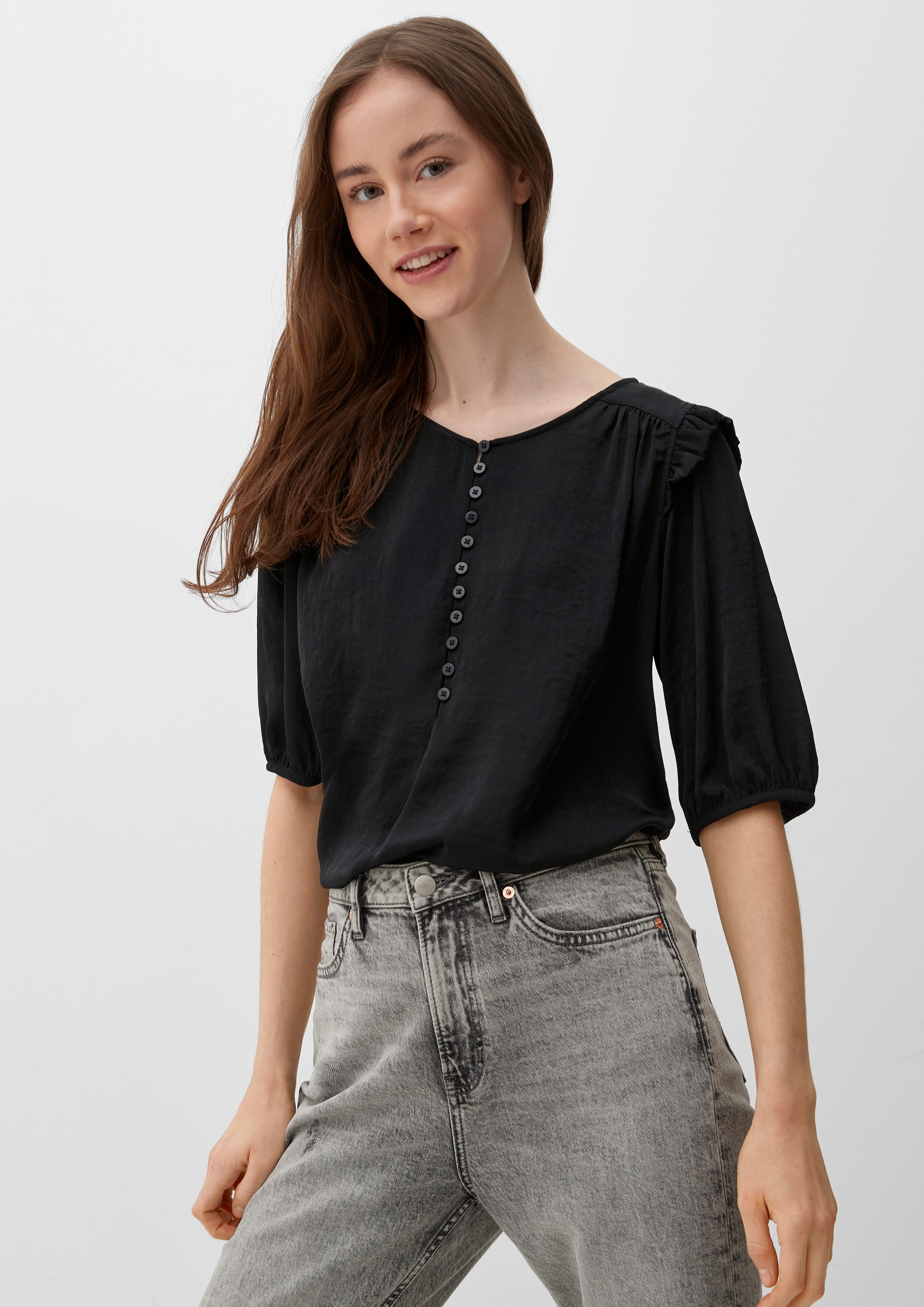 QS Kurzarmbluse Bluse mit Rüschen-Details Raffung, Rüschen