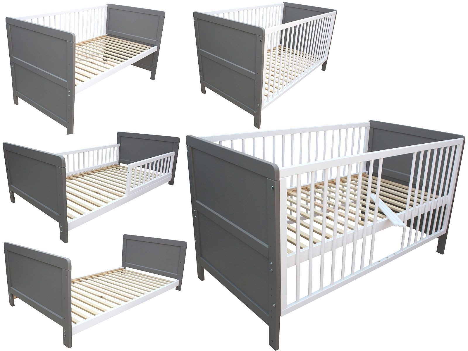 Kinderbett Kinderbett Juniorbett Beistellbett Gitterbett 140x70 cm 3in1 grau-weiß