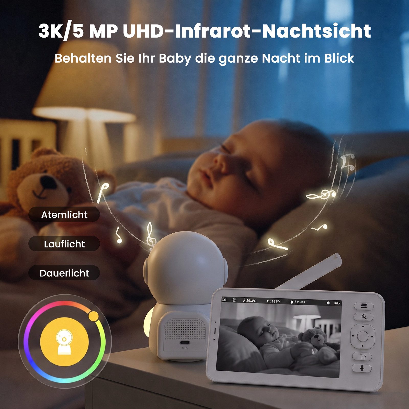 Whraills Babyphone Babyphone mit 3K 5MP Kamera, 5 Zoll 1080P OLED, Nachtsicht und App, Gegensprechfunktion, Schlaflieder, Schallerkennung, Datenschutz, Weinen-E – Bild 4 von 5