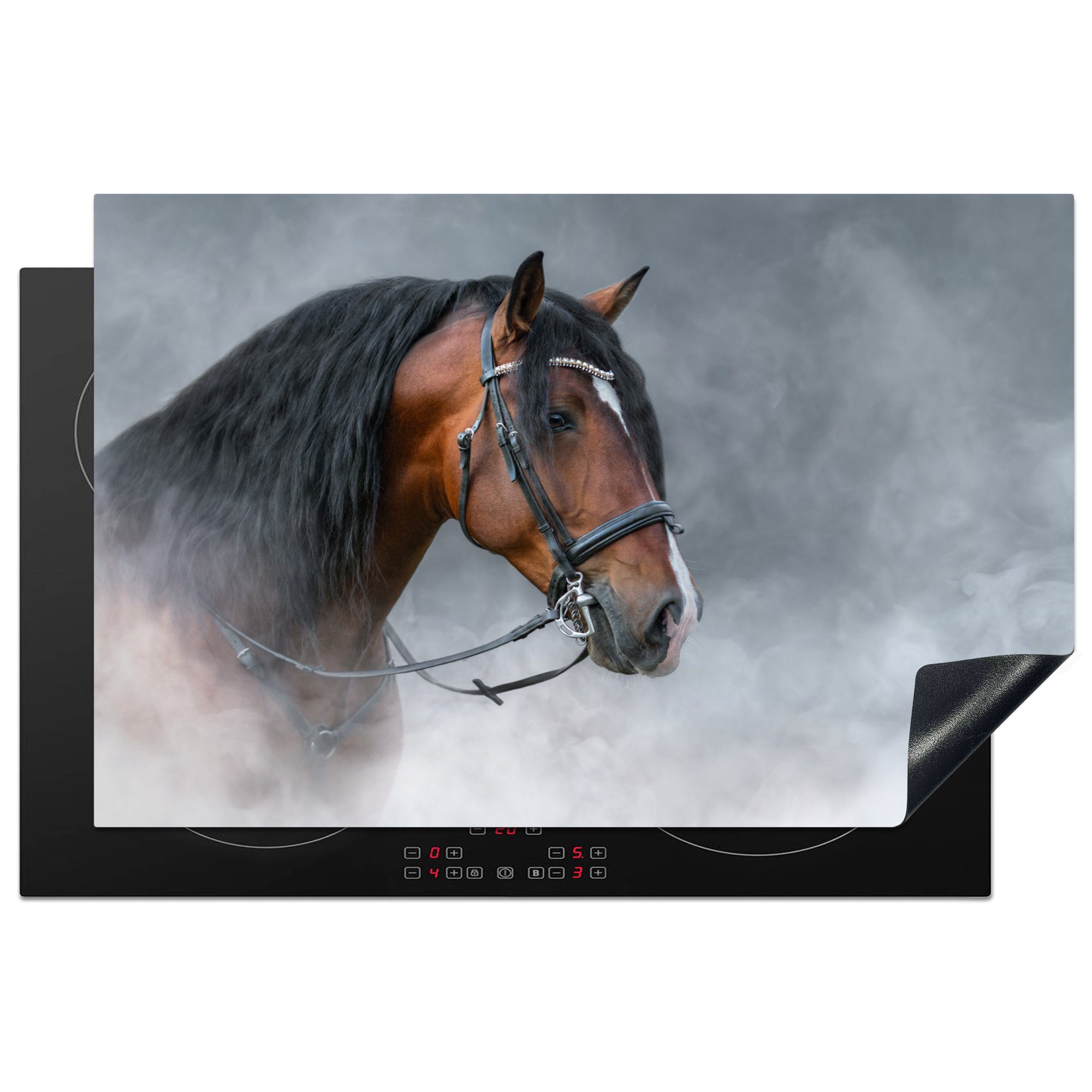 MuchoWow Herdblende-/Abdeckplatte Pferd - Smoke - Schwarz, Vinyl, (1 tlg), 81x52 cm, Induktionskochfeld Schutz für die küche, Ceranfeldabdeckung