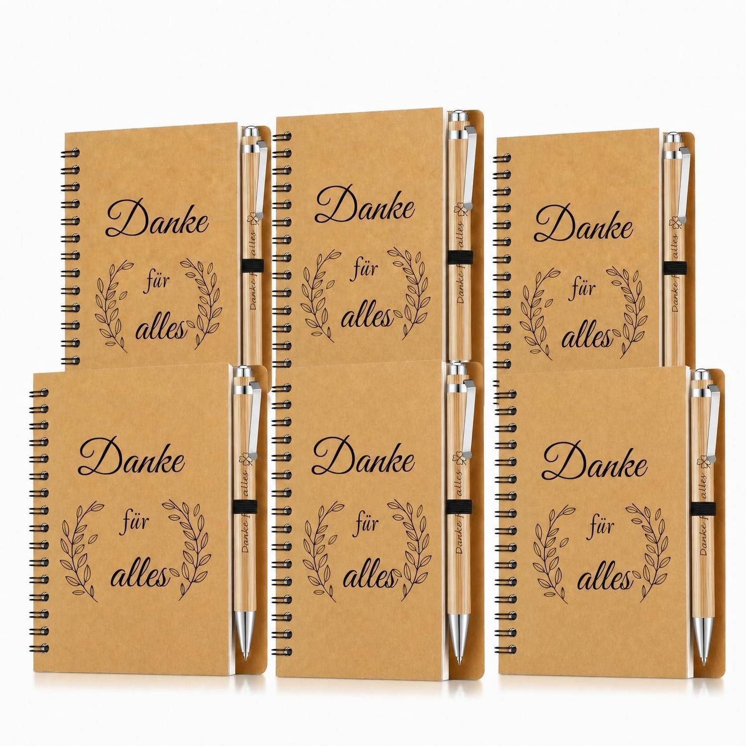 LuxusKollektion Notizblock Notizbuch Set 6er, Bambus Kugelschreiber, Danke