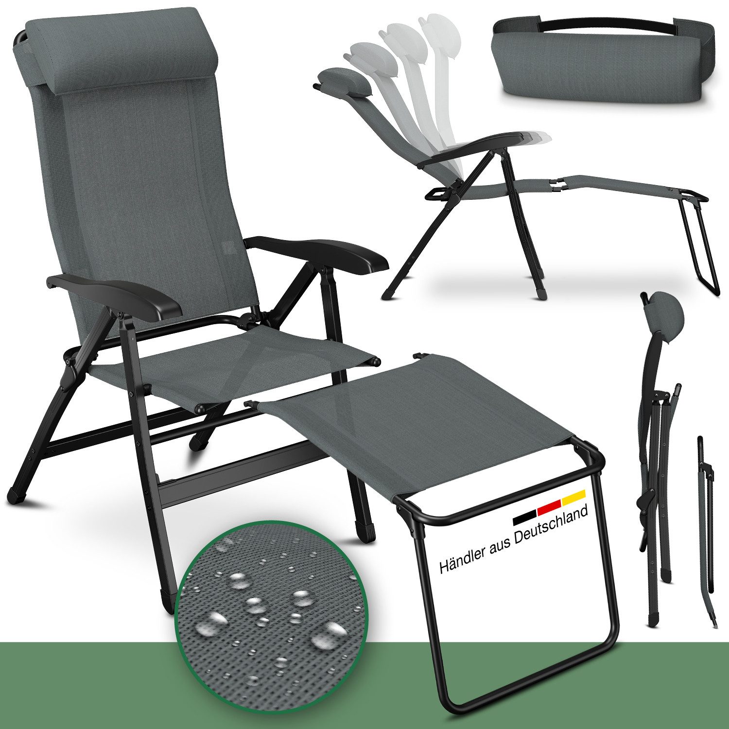 ELONEO Gartenstuhl Campingstuhl mit Liegefunktion, 6-fach verstellbare Rückenlehne, UV- und witterungsbeständig, Strandliege klappbar tragbar, Strandstuhl