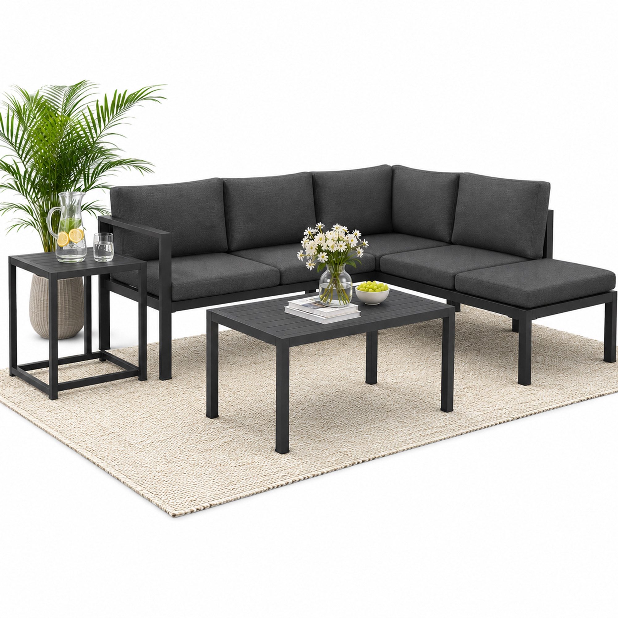 Mucola Sitzgruppe Ecksofa Aluminium Essgruppe wetterfest Ecklounge Beistelltisch Hocker, (UV-Beständigkeit, 5-tlg., Möbelset Anthrazit), Inkl. praktischen Beistelltisch, Hocker und wasserabweisenden Kissen