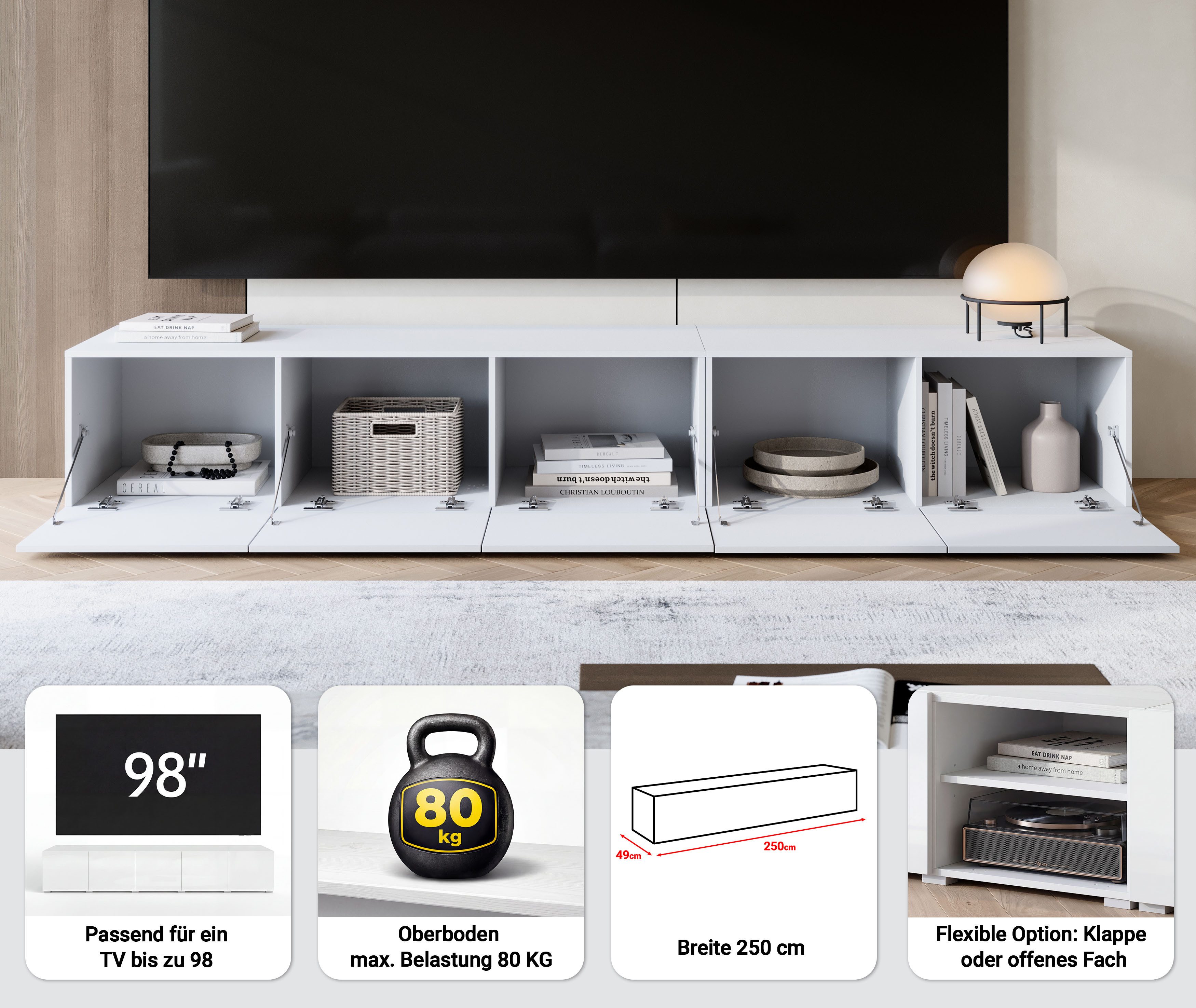 OTTO home Lowboard Denver 250 cm für bis zu 98-Zoll TVs - Weltmeisterschaft im XXL Format, Wahlweise mit oder ohne offenes Fach in der Mitte
