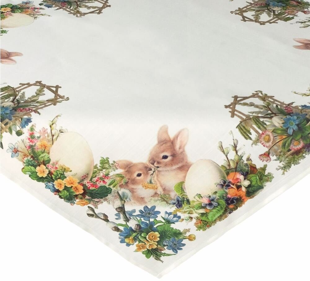 matches21 HOME & HOBBY Tischdecke Tischdecke RUTH nostalgische Osterhasen mit Blumen 85 x 85 cm (1-tlg), Pflegeleicht & waschbar bei 30 °C