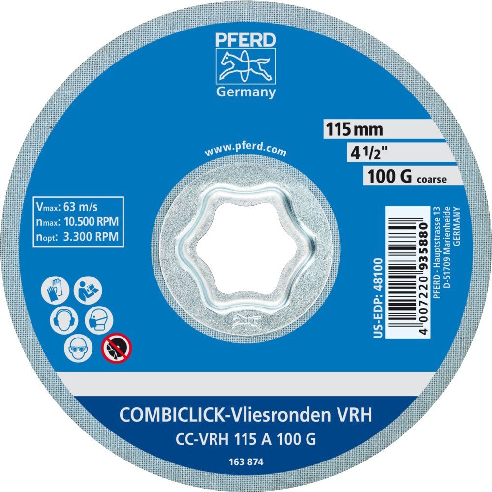 115 mm Pferd Fein Vliesronde PFERD Schleifteller 100G 42000052 COMBICLICK zum A Ø CC harte