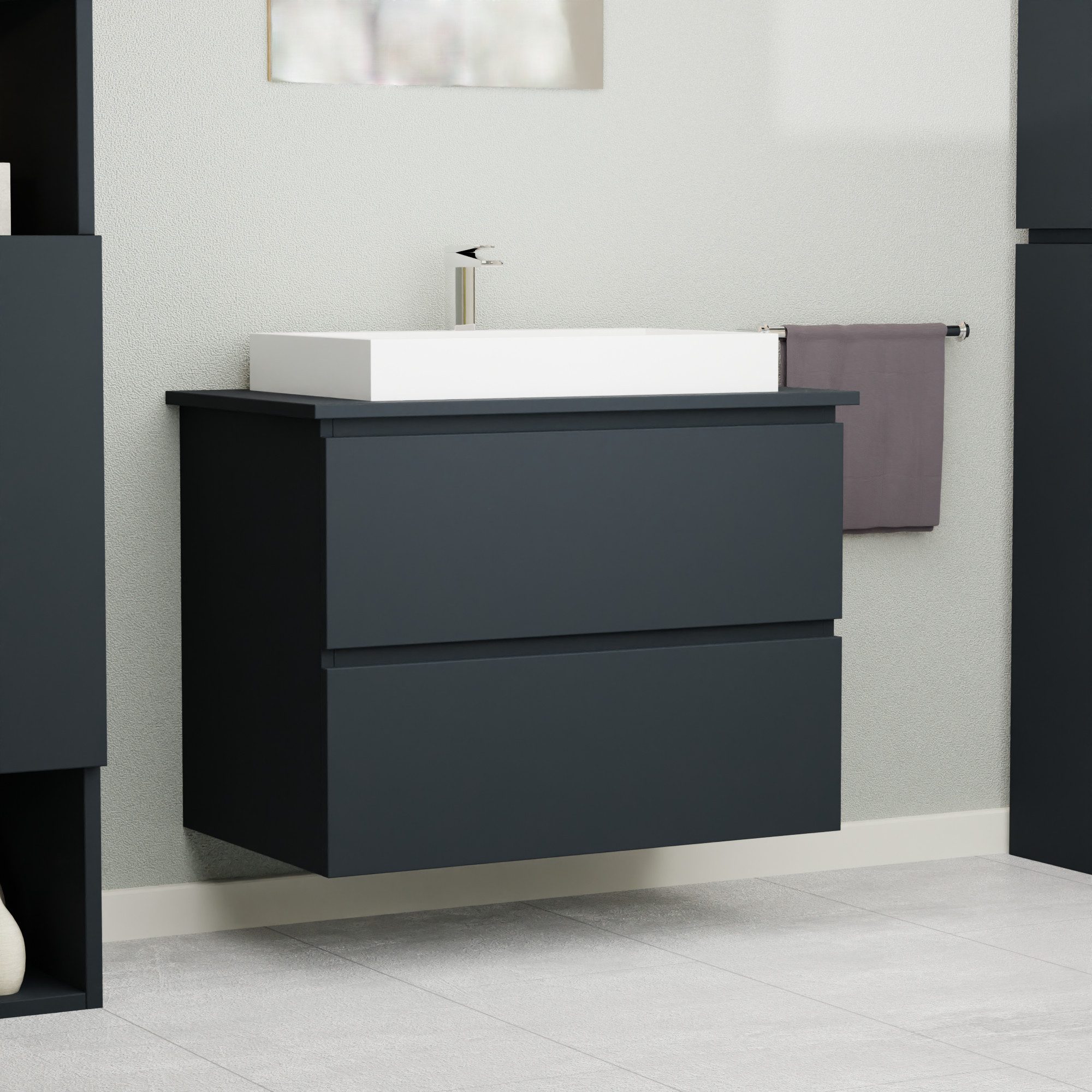 GARLIVO Waschbeckenunterschrank GLB-80 mit Schubladen, Badezimmer Waschtischunterschrank, Schwarz Breite 80 cm, Soft-Close, Push-to-Open/ Tip-On, Hängend