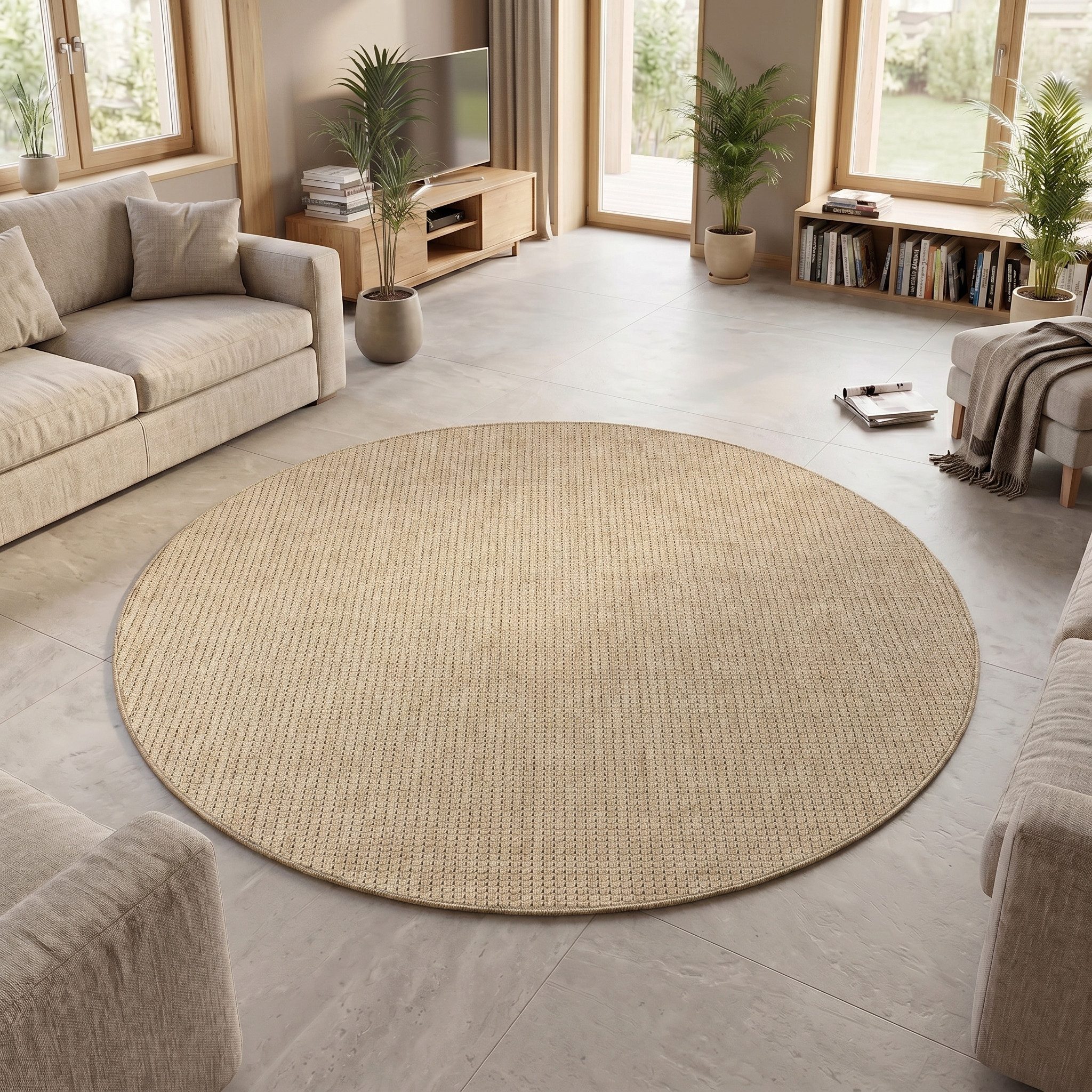 Teppium Teppich Einfarbig, Rund, Höhe: 3 mm, Teppich Wetterfest Waschbar Balkon, Garten, Terrasse und Küchenteppich