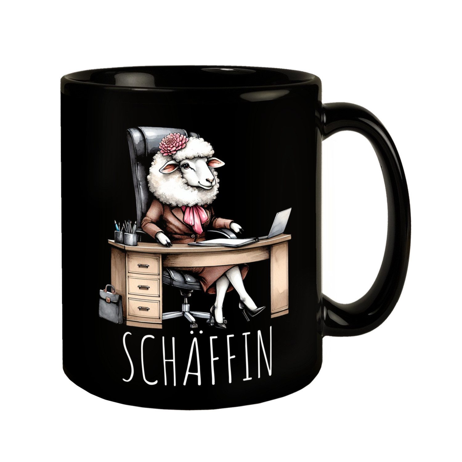 Tasse Schaf Chefin im Chefsessel Tasse in Schwarz mit Spruch Schäffin