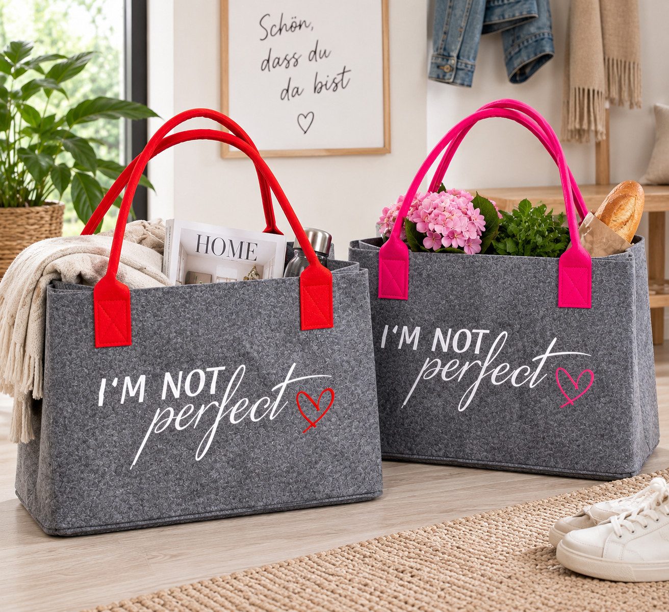 MF Einkaufsshopper Filztasche Lieblingsbegleiter grau mit farbigen Henkeln 40 cm