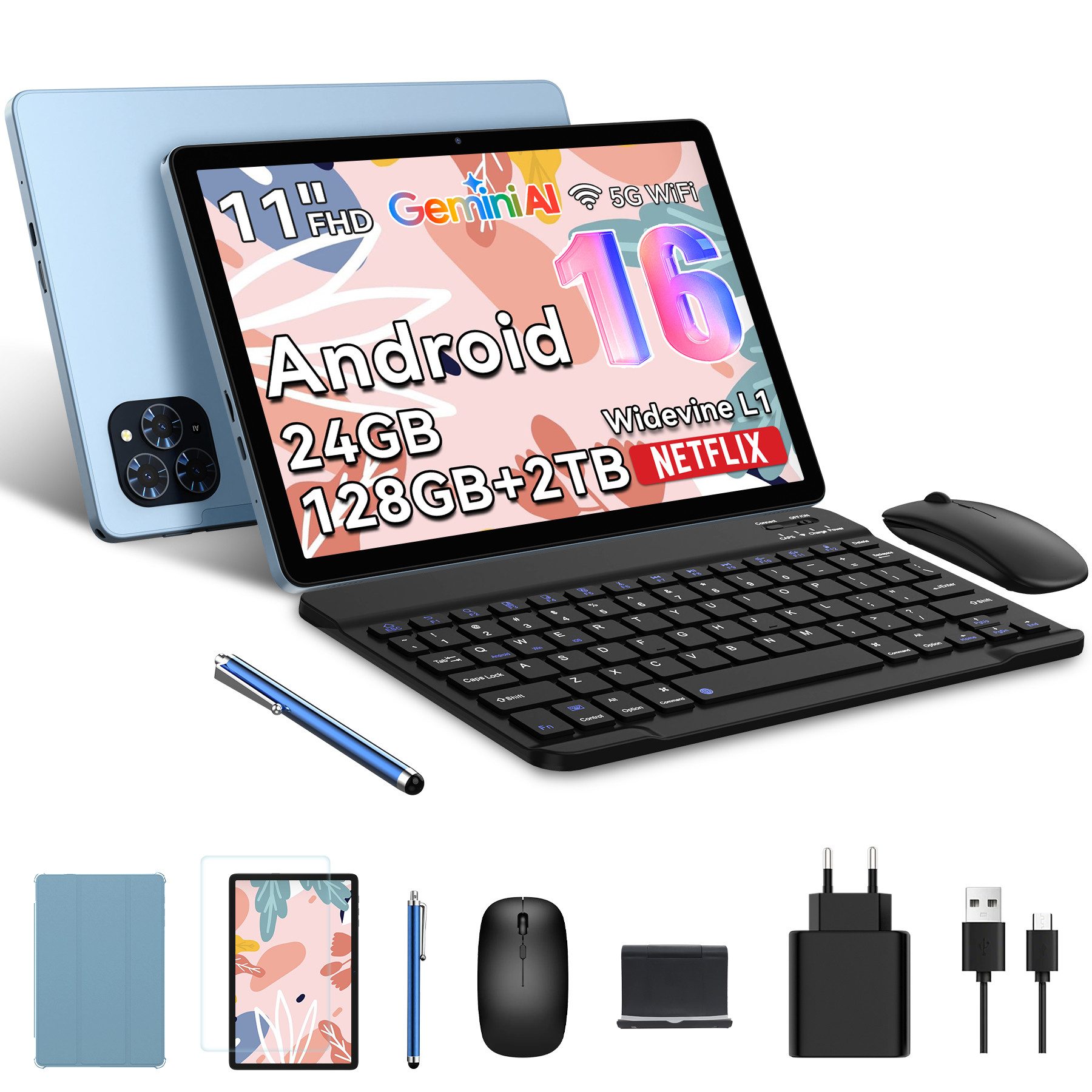 TABWEE T9 2026 11" FHD Android 16 WiFi mit Tastatur/Maus/Hülle Tablet (11", 128 GB, Android16, FHD Display, Widevine L1, Gemini AI, 13 MP, 8000 mAh, Wifi)