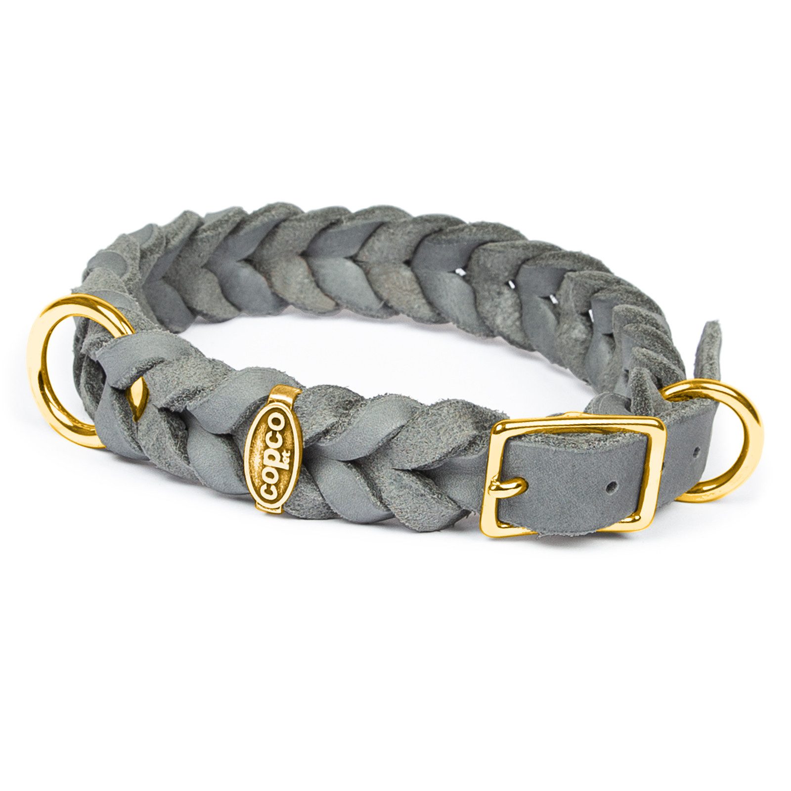 CopcoPet Hunde-Halsband Fettlederhalsband mit Dornschließe verchromt und Messing, Messing, Leder, Geflochten, Handarbeit