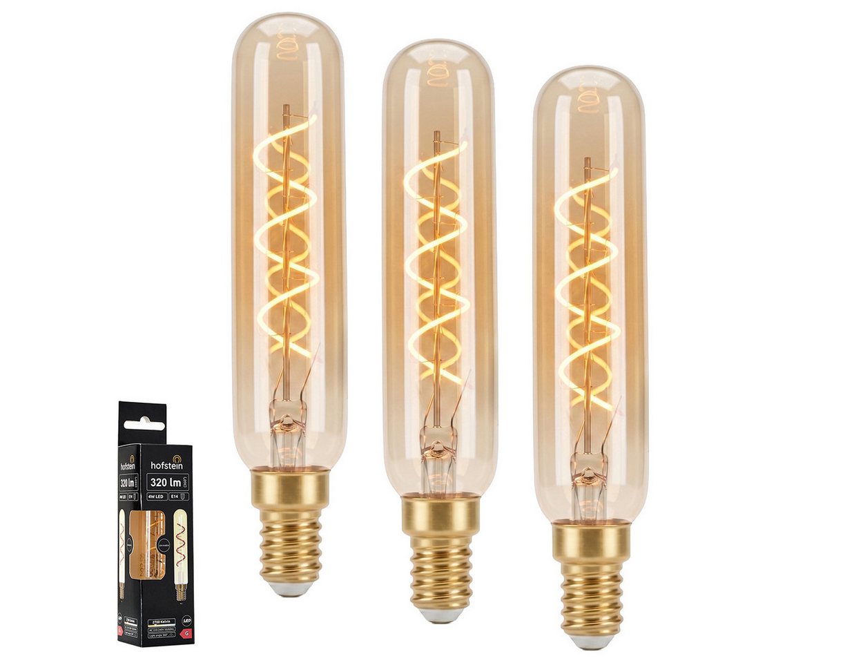 hofstein LED-Leuchtmittel 3er Set Glühbirne Warmweiß dimmbar 4 Watt, E14, 2700 Kelvin, 320 Lumen, Röhre Vintage, Filament Spirale, Amber