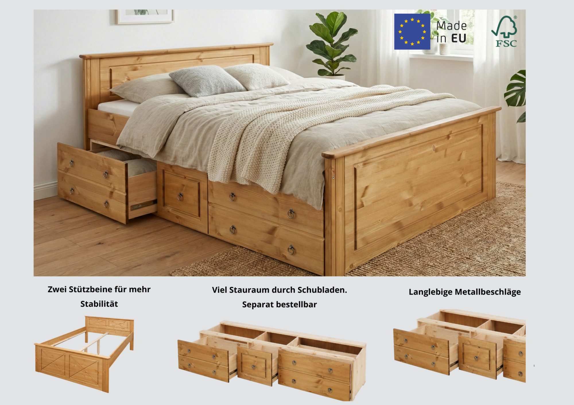 OTTO home Massivholzbett Hugo, FSC® zertifiziert, Landhausstil, zeitlos und edel (auch als Super Sparset inklusive Schubkästen auf beiden Seiten), Stauraumbett, extra belastbar, Made in EU, viele Breiten