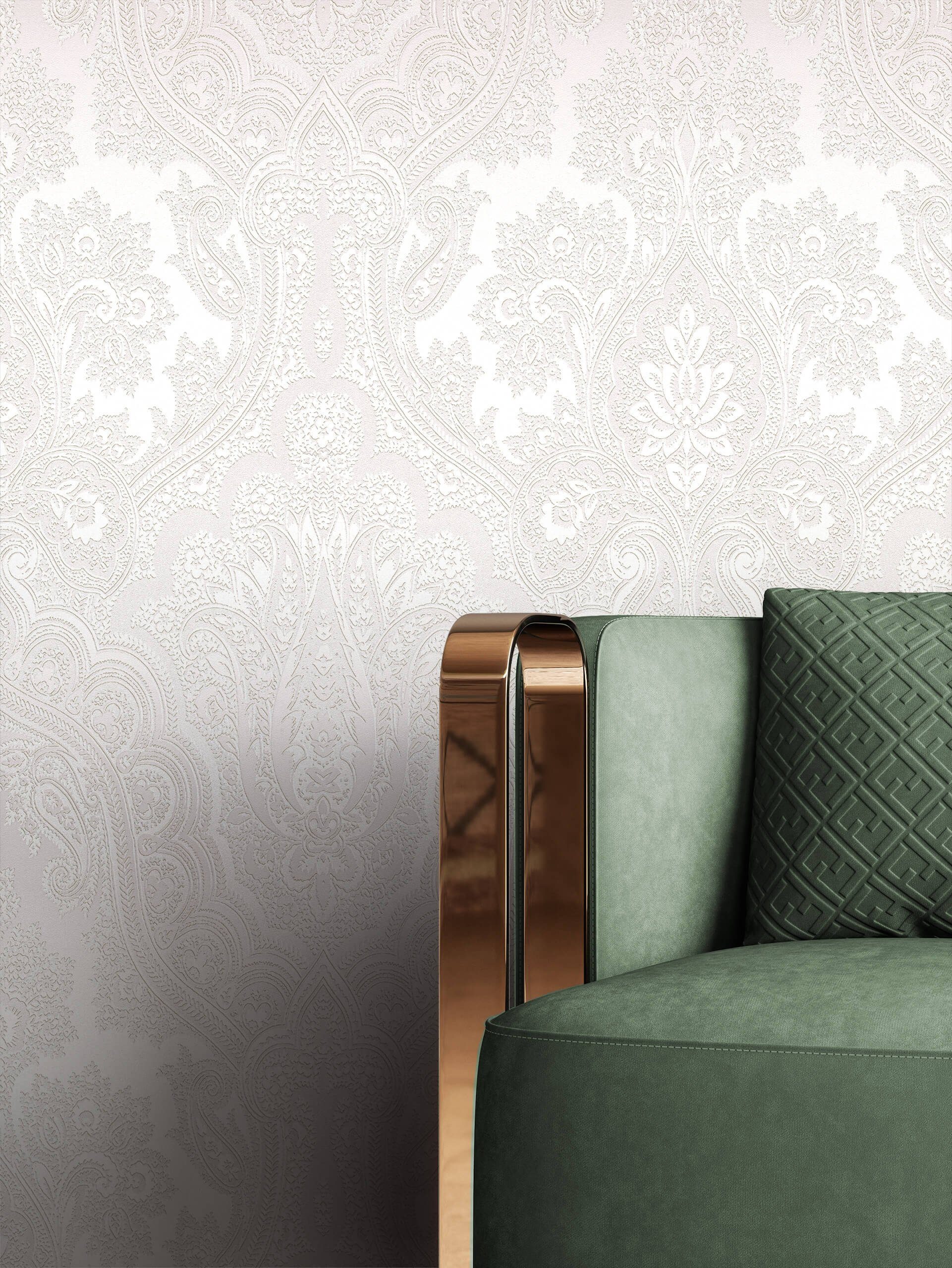Newroom Vliestapete Sarita Silver Tapete Barocktapete Leicht Glänzend,Ornament,Prunk, Silber Tapete Barock Leicht Glänzend - Barocktapete Grau Glamour Modern Ornament Prunk für Wohnzimmer Schlafzimmer Flur, modern