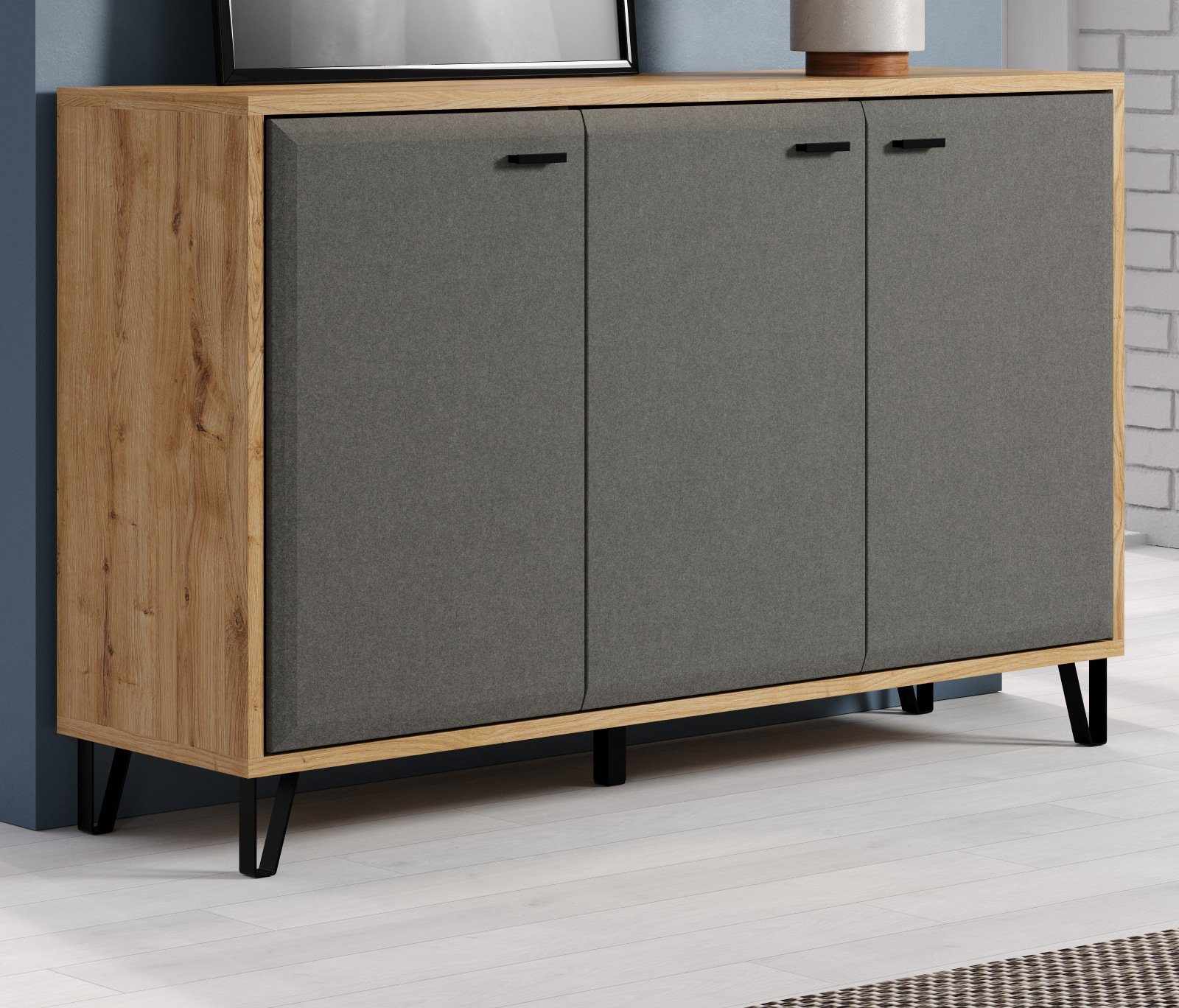 trendteam Sideboard Blanshe (Kommode 3-türig 146x90 cm, Eiche und grau), Filz grau Dekor