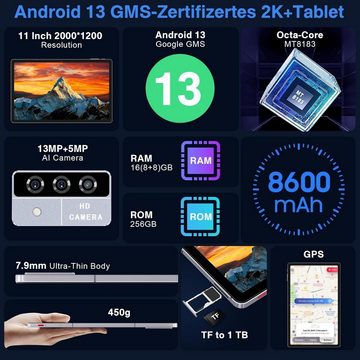 Oangcc Tablet (11", 256 GB, Android 13, 2.4G/5G, 2k Anzeige Wlan Google Zertifizierung Schutzhülle Mit Tablette Grau)