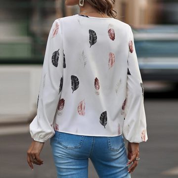 FIDDY Longbluse Frauen V-Ausschnitt Feder gedruckt Lose lange Shirt T-Shirt Top