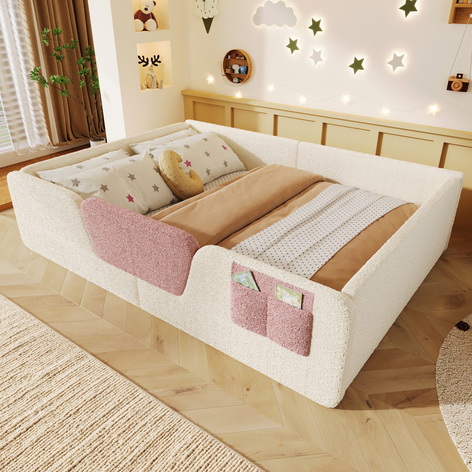 Merax Polsterbett 140x190cm mit abnehmbarer Sicherheitsleiste (Jugendbett Babybett Einzelbett, 1-tlg), Bodenbett Kinderbett mit Aufbewahrungstasche & Lattenrost, Samtbezug