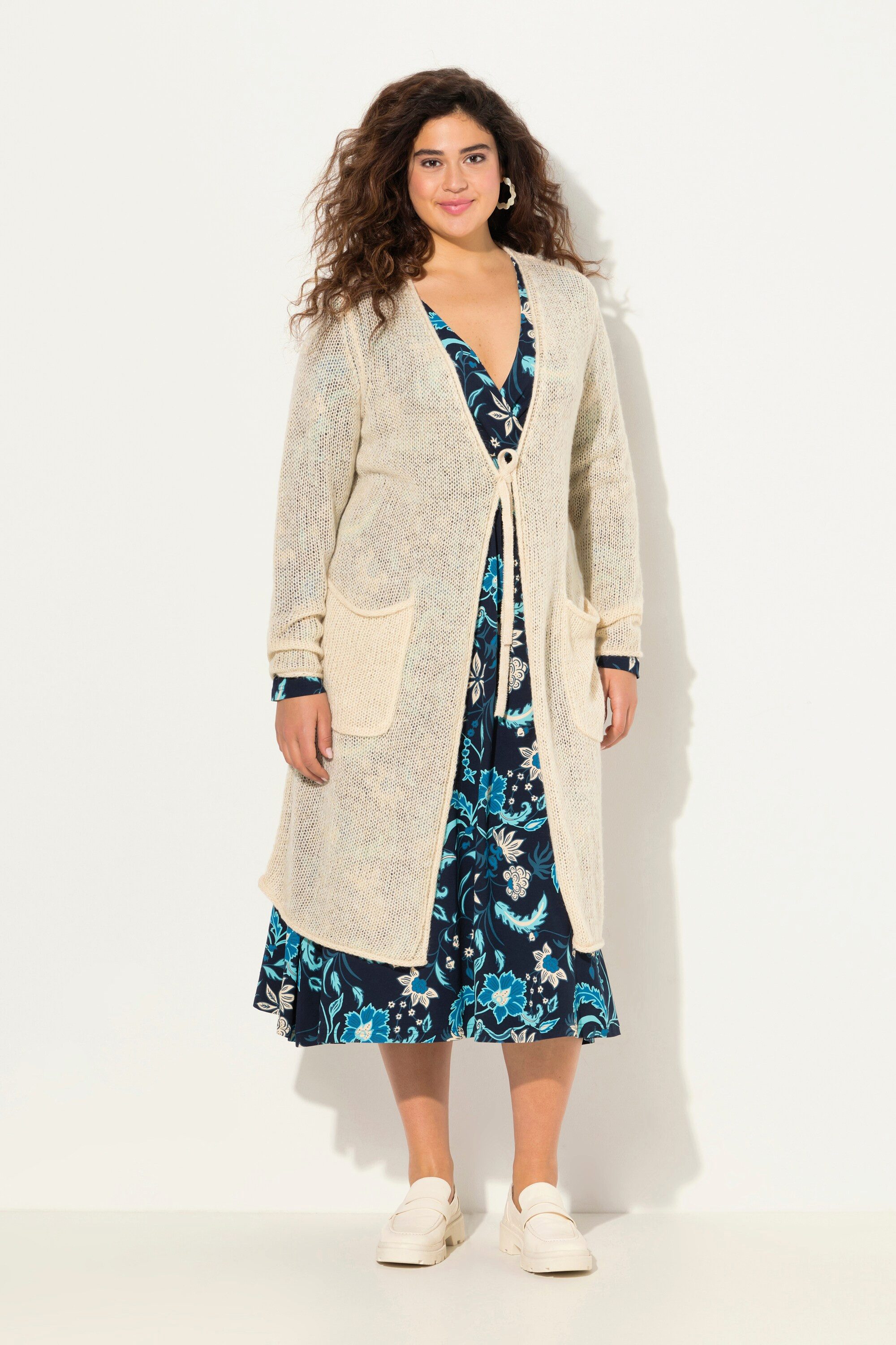 Strickjacke Long-Strickjacke Bindeband V-Ausschnitt Rollkanten