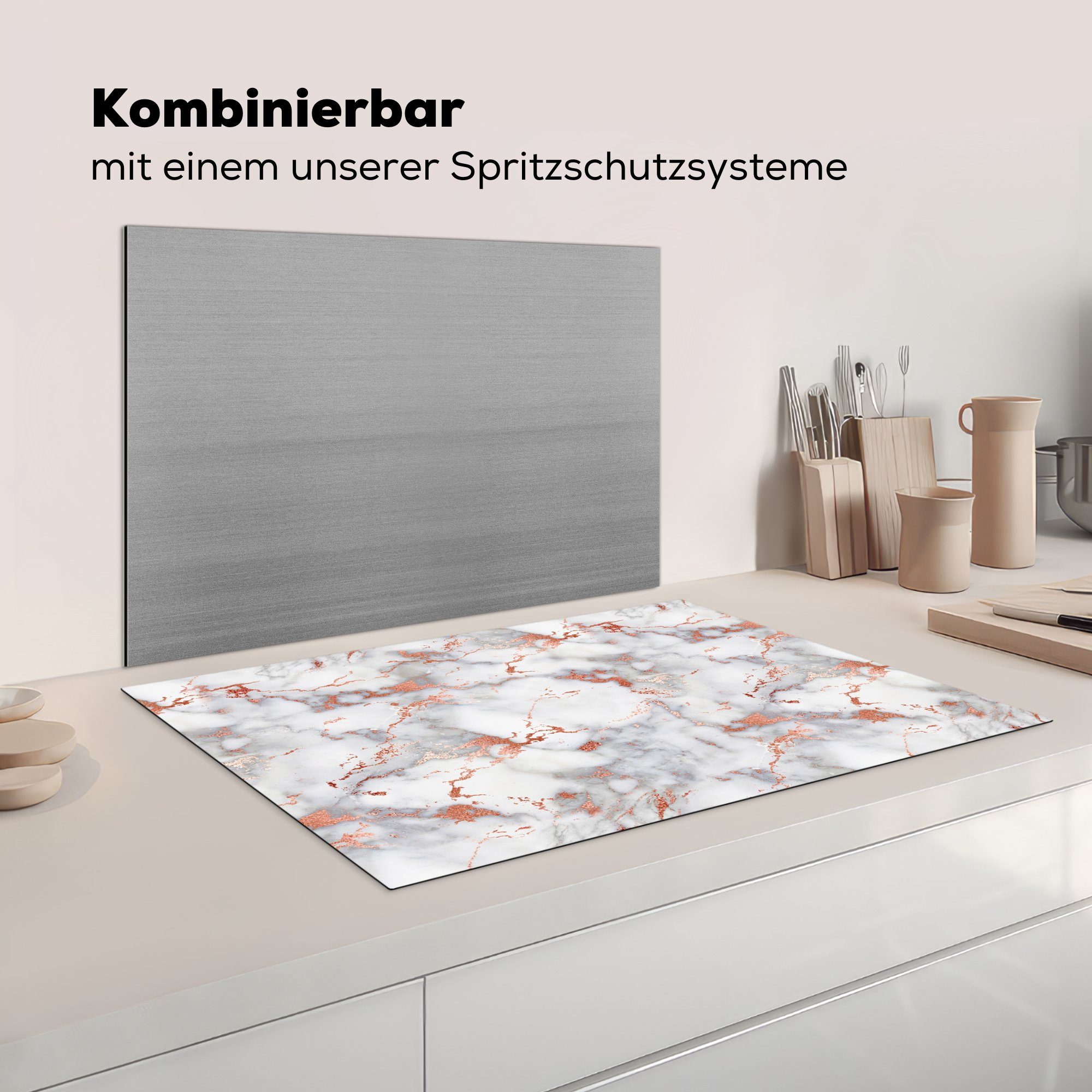 - tlg), für Induktionskochfeld Vinyl, Herdblende-/Abdeckplatte die (1 Schutz 81x52 cm, Roségold Ceranfeldabdeckung Luxus, - küche, MuchoWow Marmor