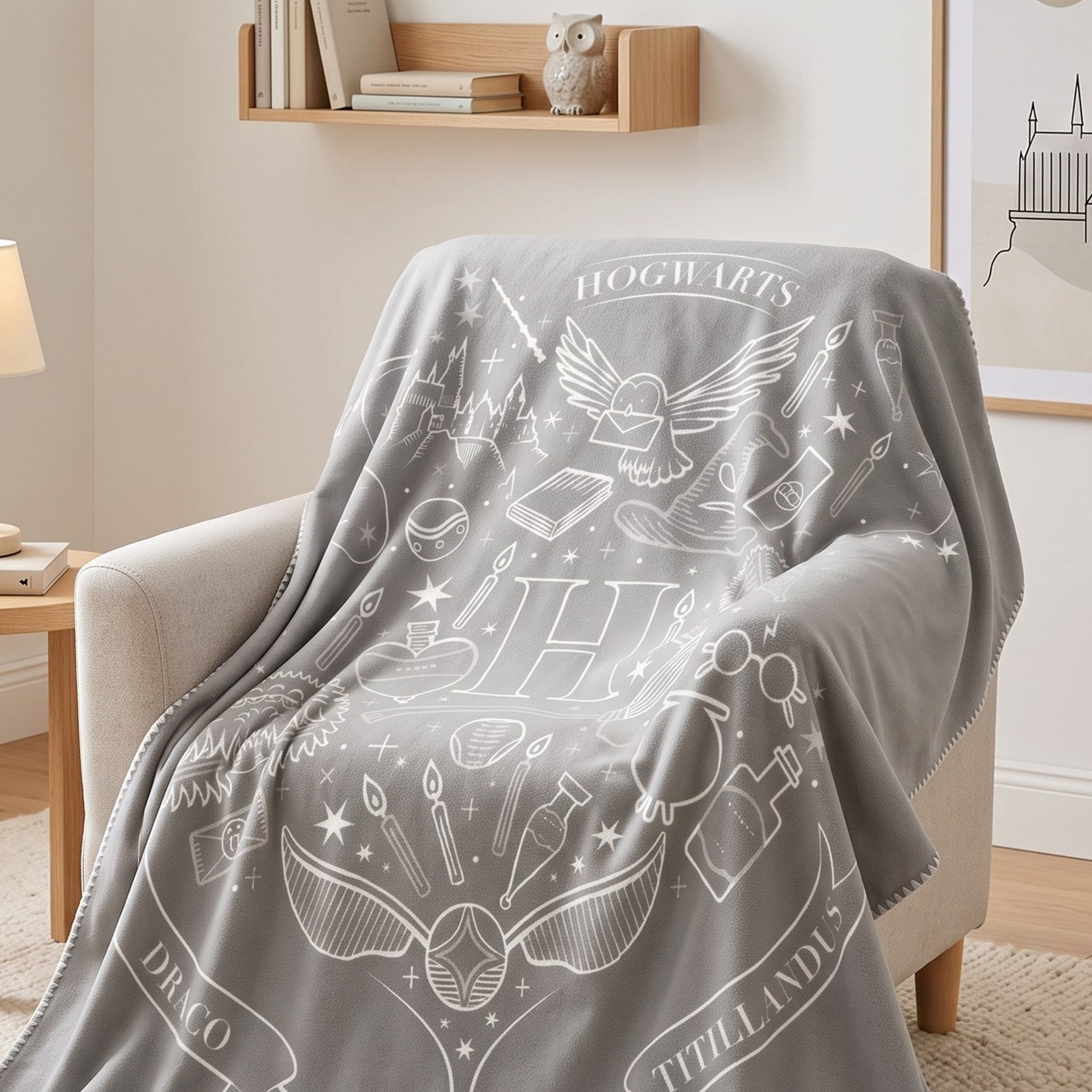 Wohndecke Harry Potter 130x160 cm Kuscheldecke, Hogwarts, MTOnlinehandel, Kuscheldecke mit Schnatz, Hedwig, Sprechendem Hut & Zaubermotiven