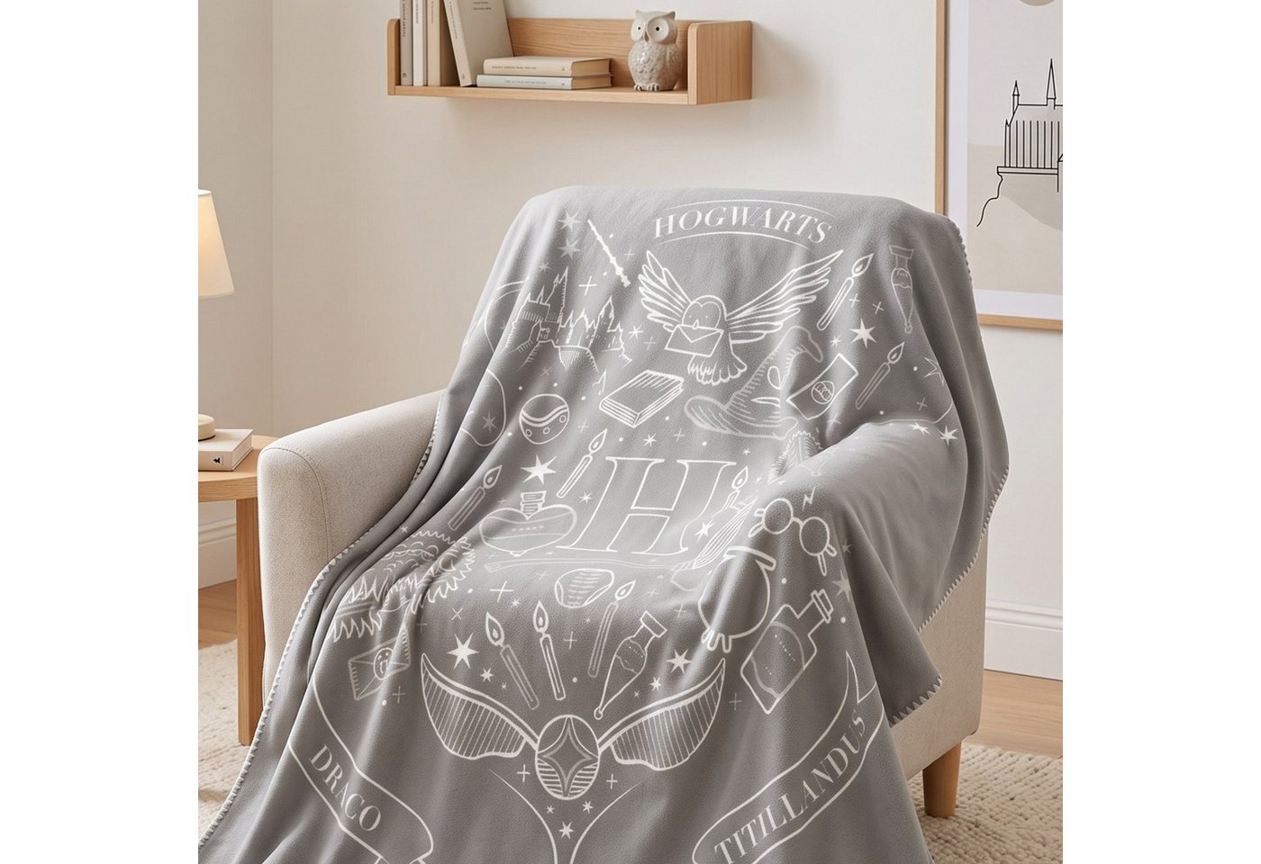 Wohndecke Harry Potter 130x160 cm Kuscheldecke, Hogwarts, MTOnlinehandel, Kuscheldecke mit Schnatz, Hedwig, Sprechendem Hut & Zaubermotiven