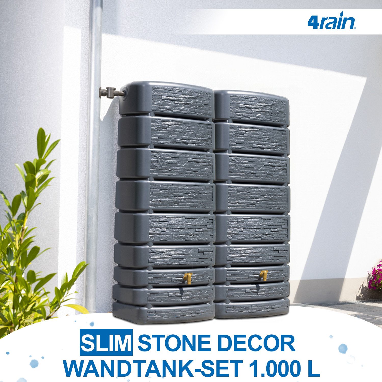 4rain Regentonne SLIM STONE DECOR Wandtank-Set 1000 L graphite grey, 1000 l – Bild 2 von 5
