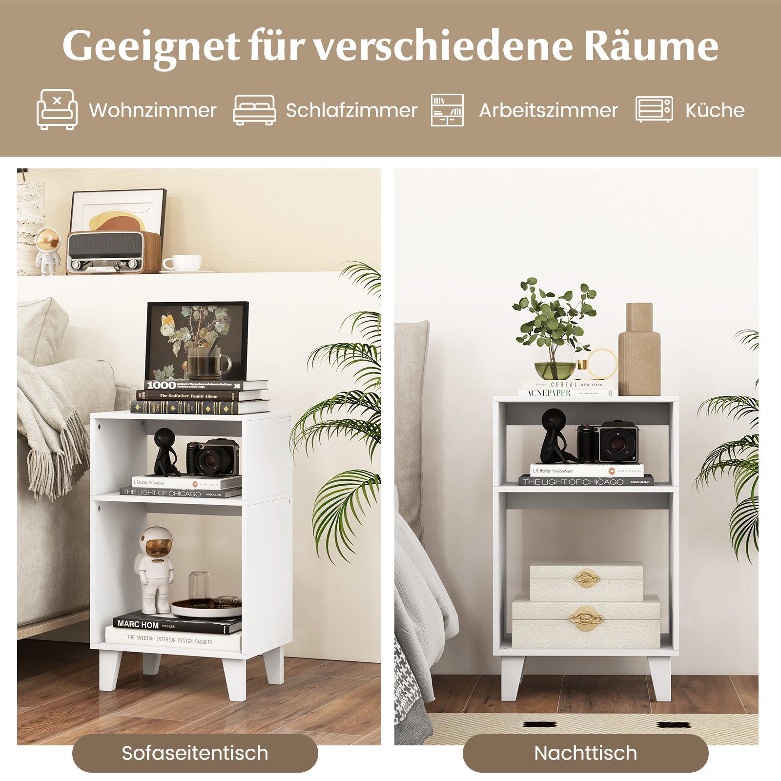 COSTWAY Nachttisch, 3-stufig, mit Ablagen&Beinen, schmal, Holz, weiß