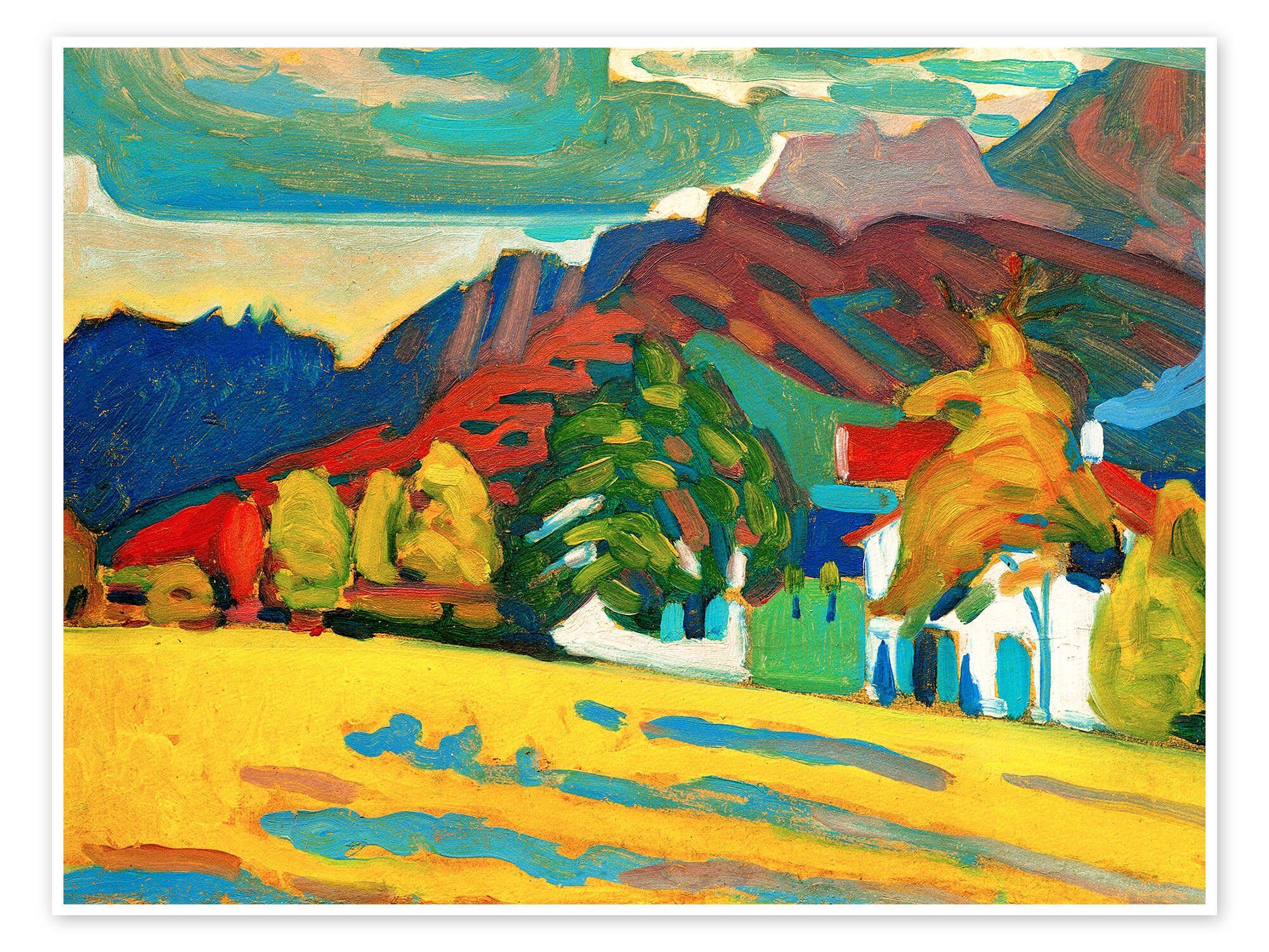 Posterlounge Wandbild Häusergruppe vor Gebirge, Wassily Kandinsky, erhältlich als Poster, Leinwandbild, Wandsticker oder Acrylglasbild