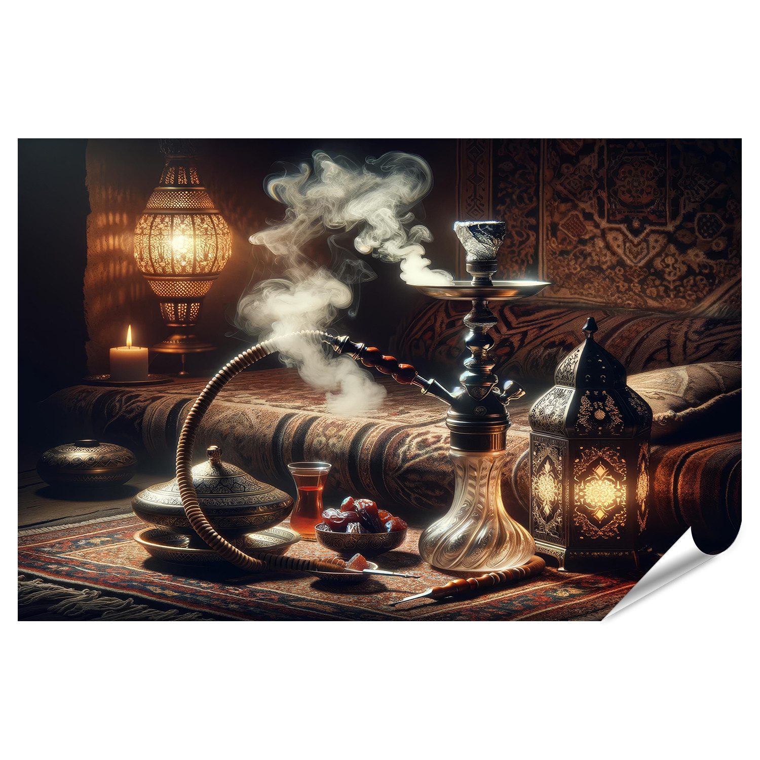 Poster Orientalische Shisha mit Rauch und traditionellem Tee-Set