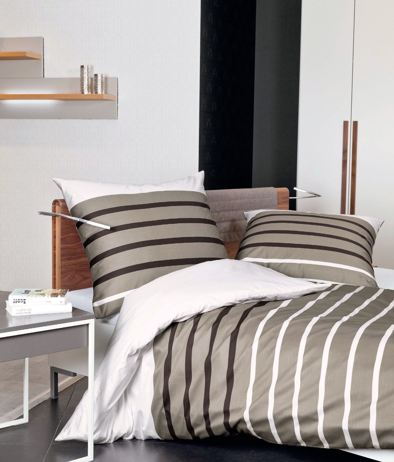 Janine Bettwäsche SINAL, Taupe, Braun, Weiß, 135 x 200 cm, Mako-Satin, 2 te günstig online kaufen