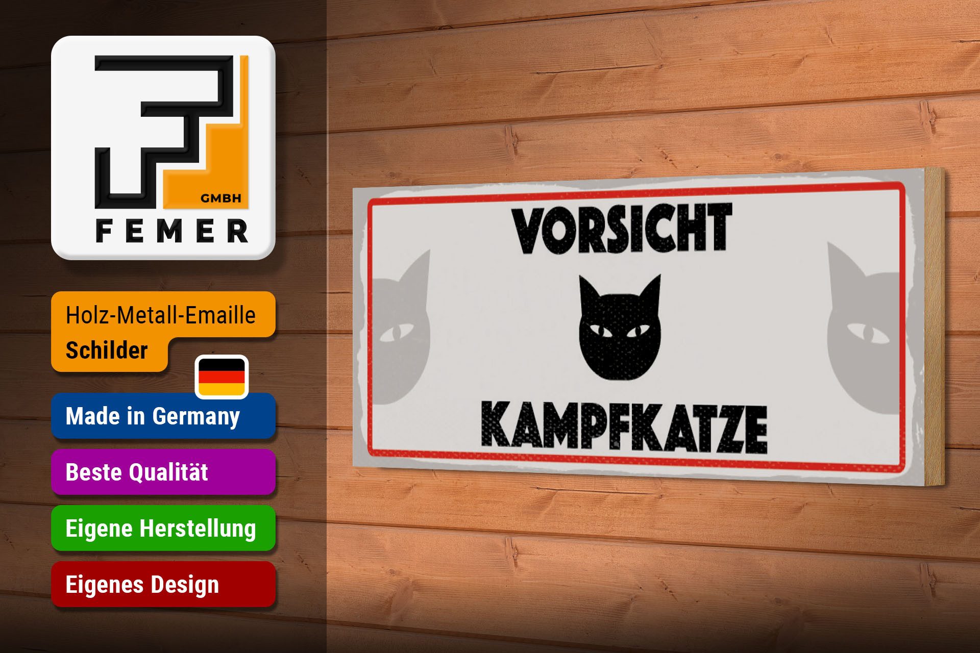 Femer GmbH Holzbild Hinweis 27x10 cm Vorsicht Kampfkatze, (1 St), Glatte Holzfaserplatte (MDF), vorn beschichtet