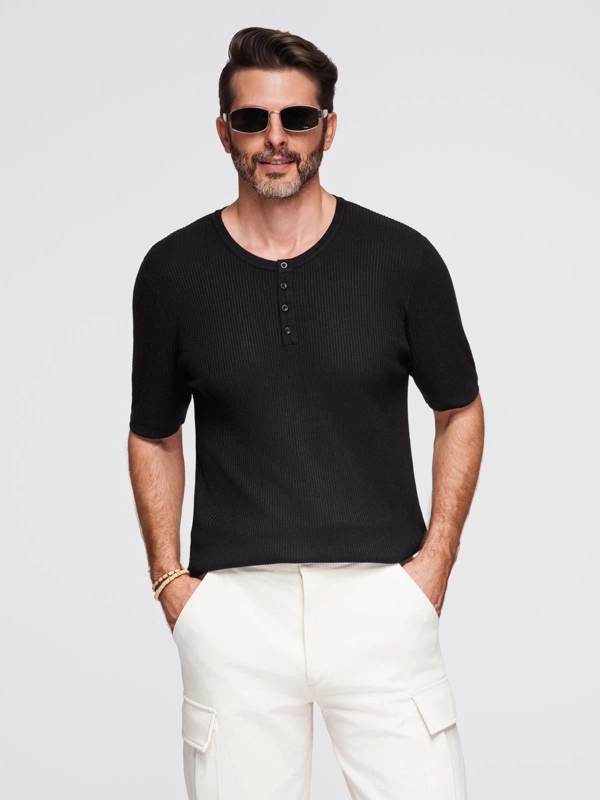 OMBRE T-Shirt Herren-Strick-T-Shirt mit Knöpfen am günstig online kaufen