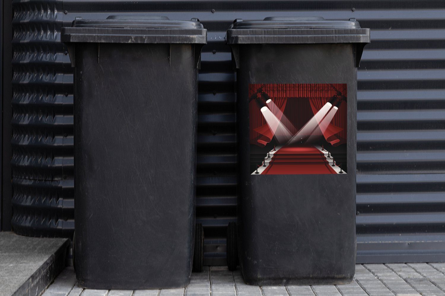Scheinwerfern in Mülltonne, St), Illustration MuchoWow (1 roten Mülleimer-aufkleber, auf Sticker, Wandsticker Teppich Eine von Container, dem Abfalbehälter Hollywood