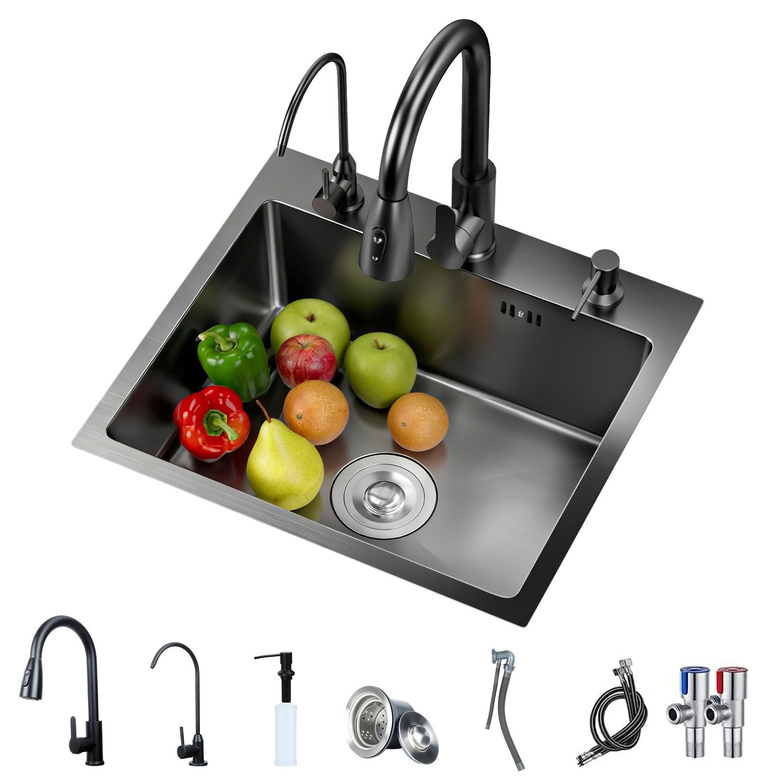 Rutaqian Küchenspüle 50 x 45cm Edelstahl Spülbecken,Einbauspüle Schwarz Spüle Küche, Einbauspüle, Waschbecken Küchenspülbecken mit Trinkwasserhahn,Abwasserrohr