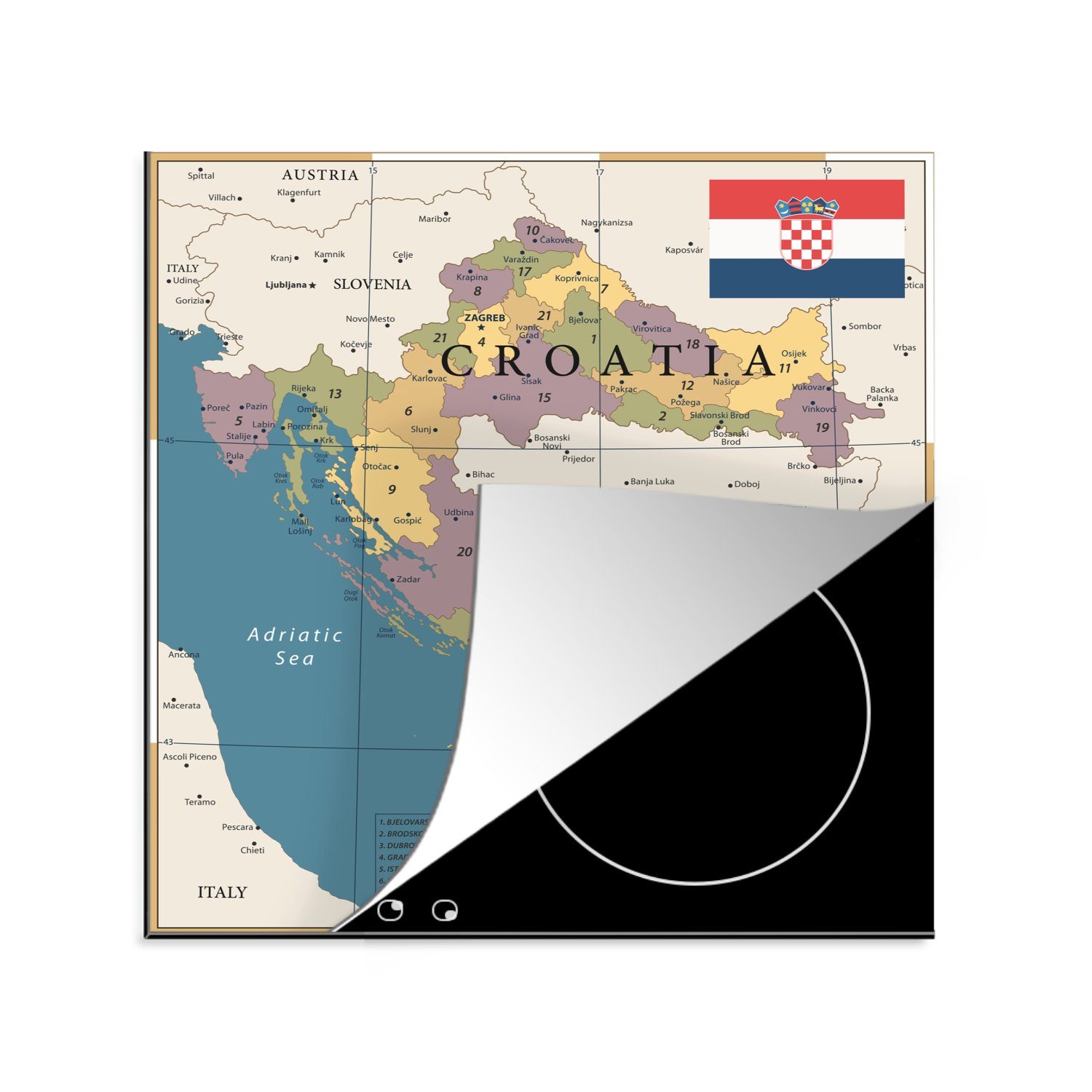 MuchoWow Herdblende-/Abdeckplatte Karte von Kroatien mit Bezirken und Städten, Vinyl, (1 tlg), 78x78 cm, Ceranfeldabdeckung, Arbeitsplatte für küche