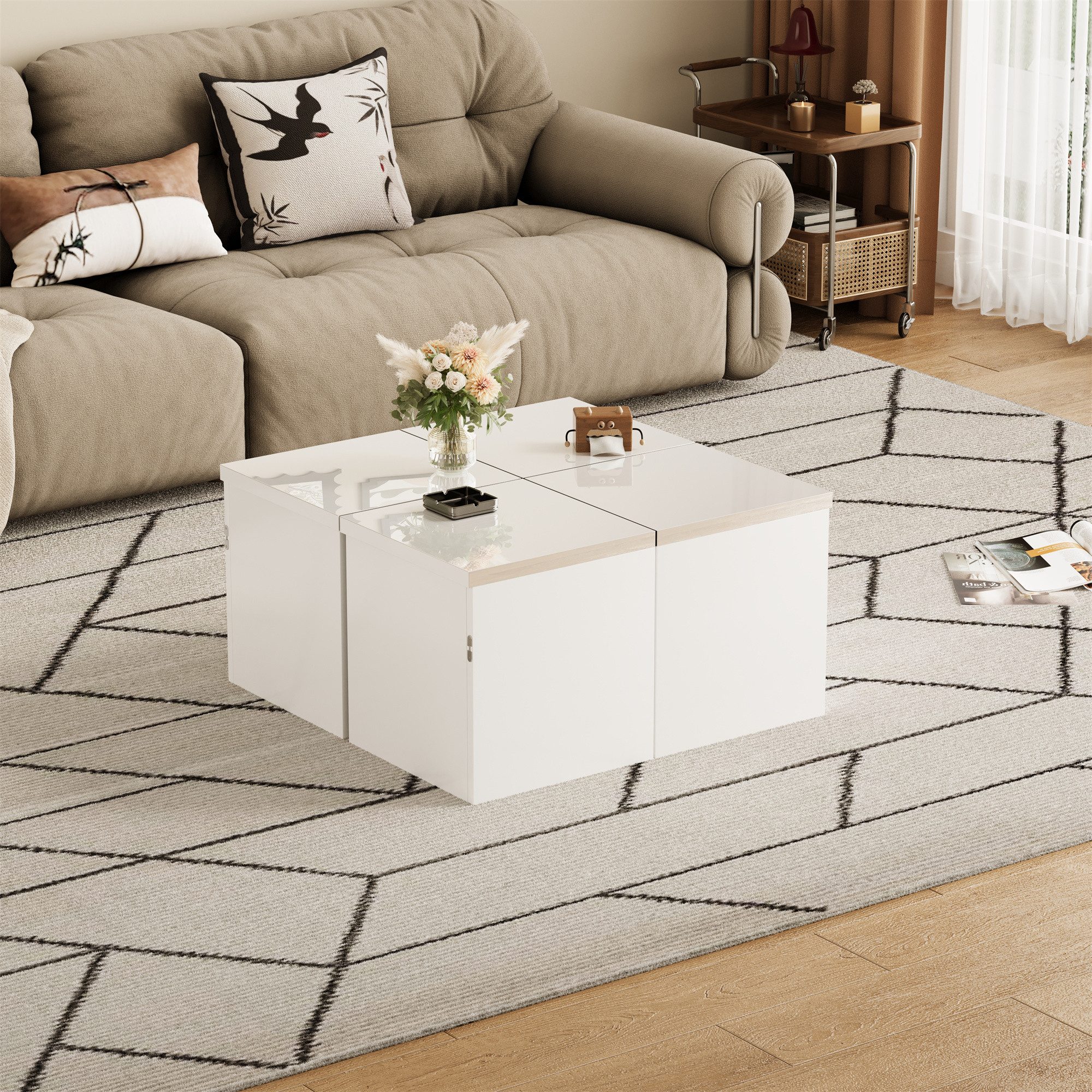 REDOM Couchtisch Kaffeetisch in Weiß Hochglanz (Satztisch, Wohnzimmertisch, Beistelltisch, hochwertige 30 mm Platten), frei kombinierbar mit Verbindern, DIY-Design