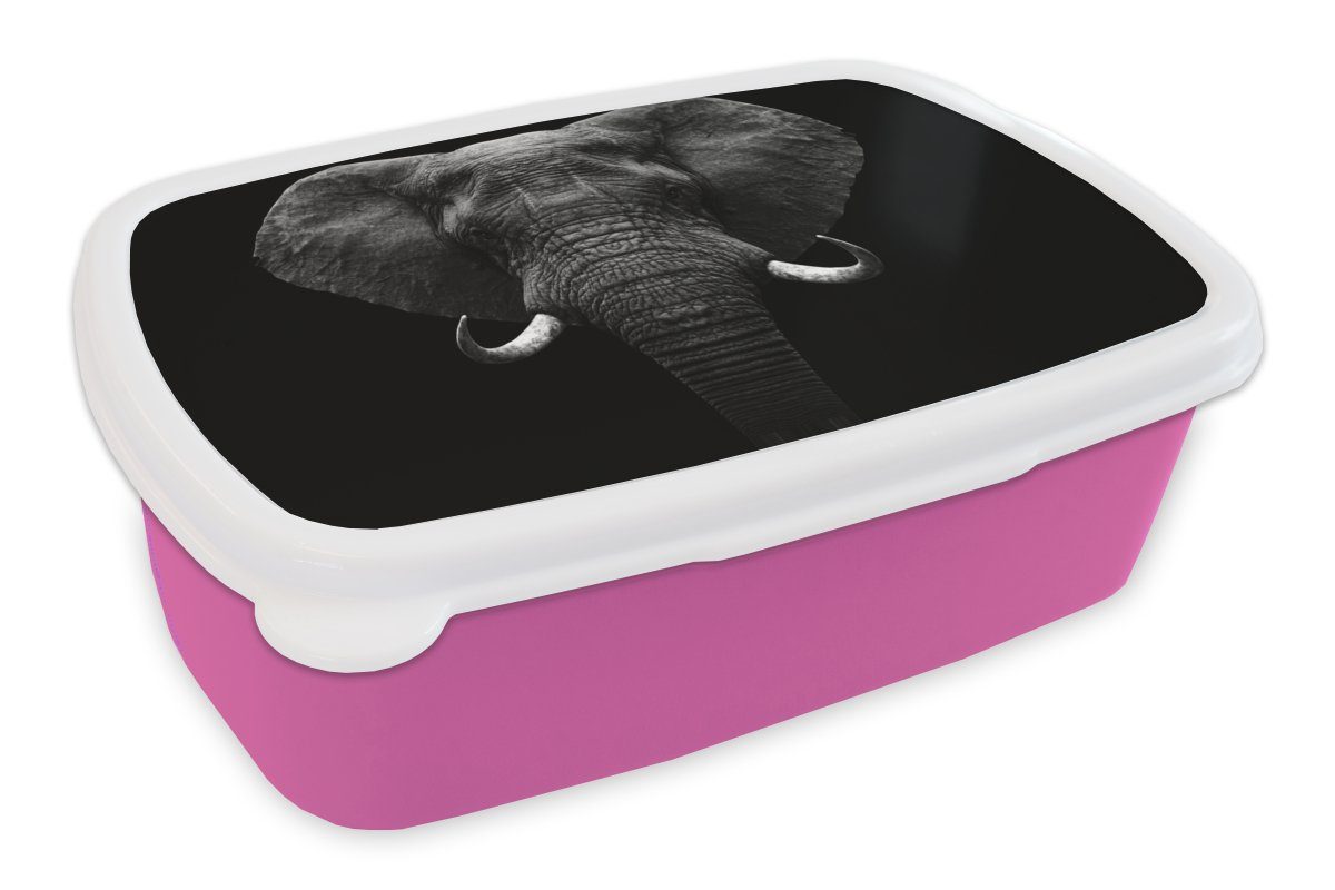 MuchoWow Lunchbox Tiere - Elefant - Porträt - Schwarz - Weiß, Kunststoff, (2-tlg), Brotbox für Erwachsene, Brotdose Kinder, Snackbox, Mädchen, Kunststoff rosa