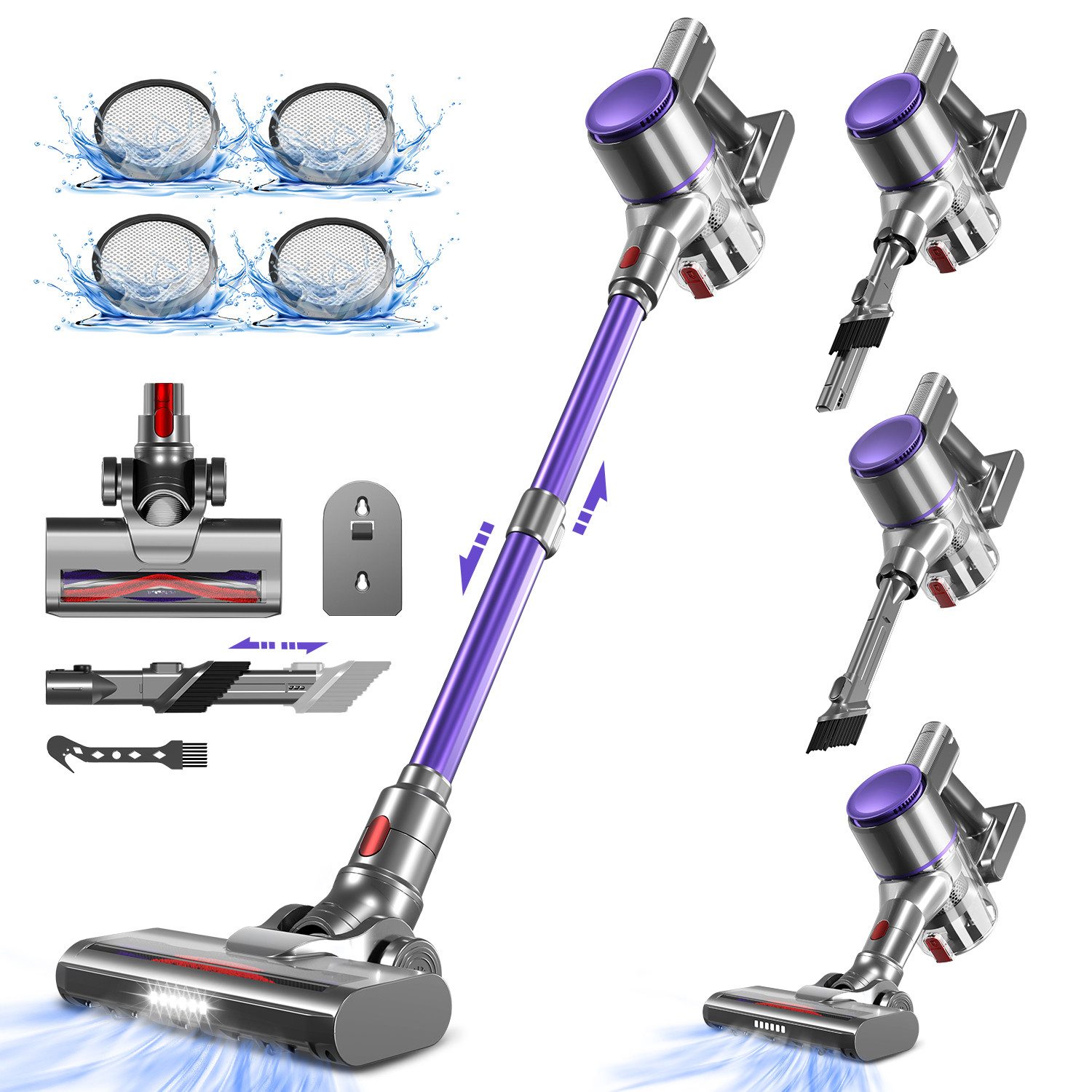 Adormii Akku-Hand-und Stielstaubsauger Akku Staubsauger Kabellos 45000Pa/50Min/1.6L HEPA*4, 450 W, beutellos, HEPA×4,Vacuum Cleaner,Staubsauger für Tierhaare,Teppich und Hartboden