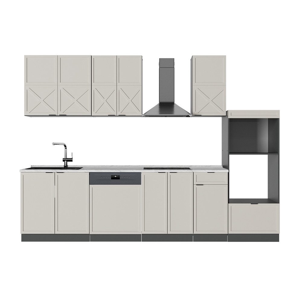 Vicco Küchenzeile Fame-Line, GrauBeige/Anthrazit/Anthrazit, 300 cm mit Hochschrank, A...