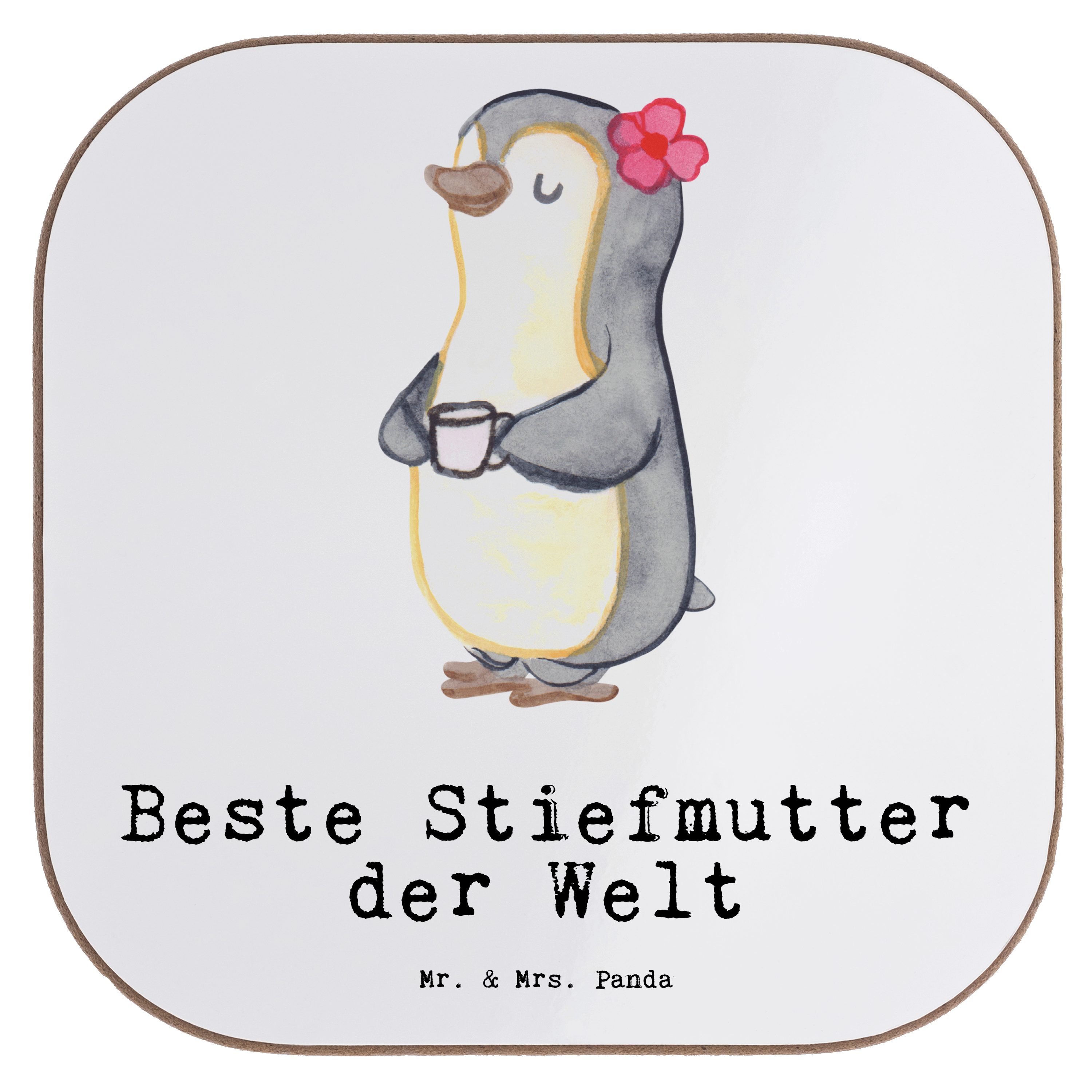 Mr. & Mrs. Panda Getränkeuntersetzer Stiefmutter Pinguin Dankeschö, - Beste - Welt der Sohn, Weiß 1-tlg. Geschenk