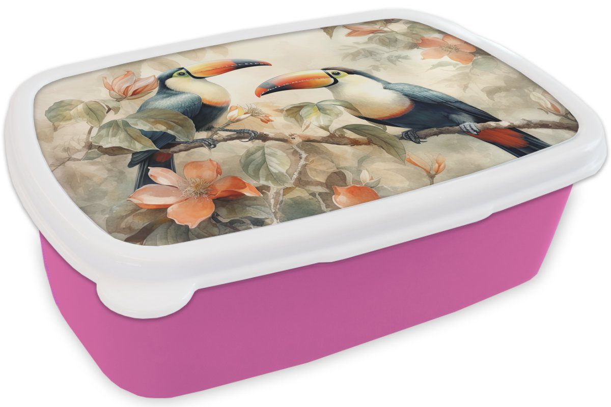 MuchoWow Kunststoff, für Blumen Lunchbox Mädchen, Vögel Brotdose Zweig, - Brotbox Snackbox, - - rosa Kinder, Erwachsene, Tukan Kunststoff (2-tlg),