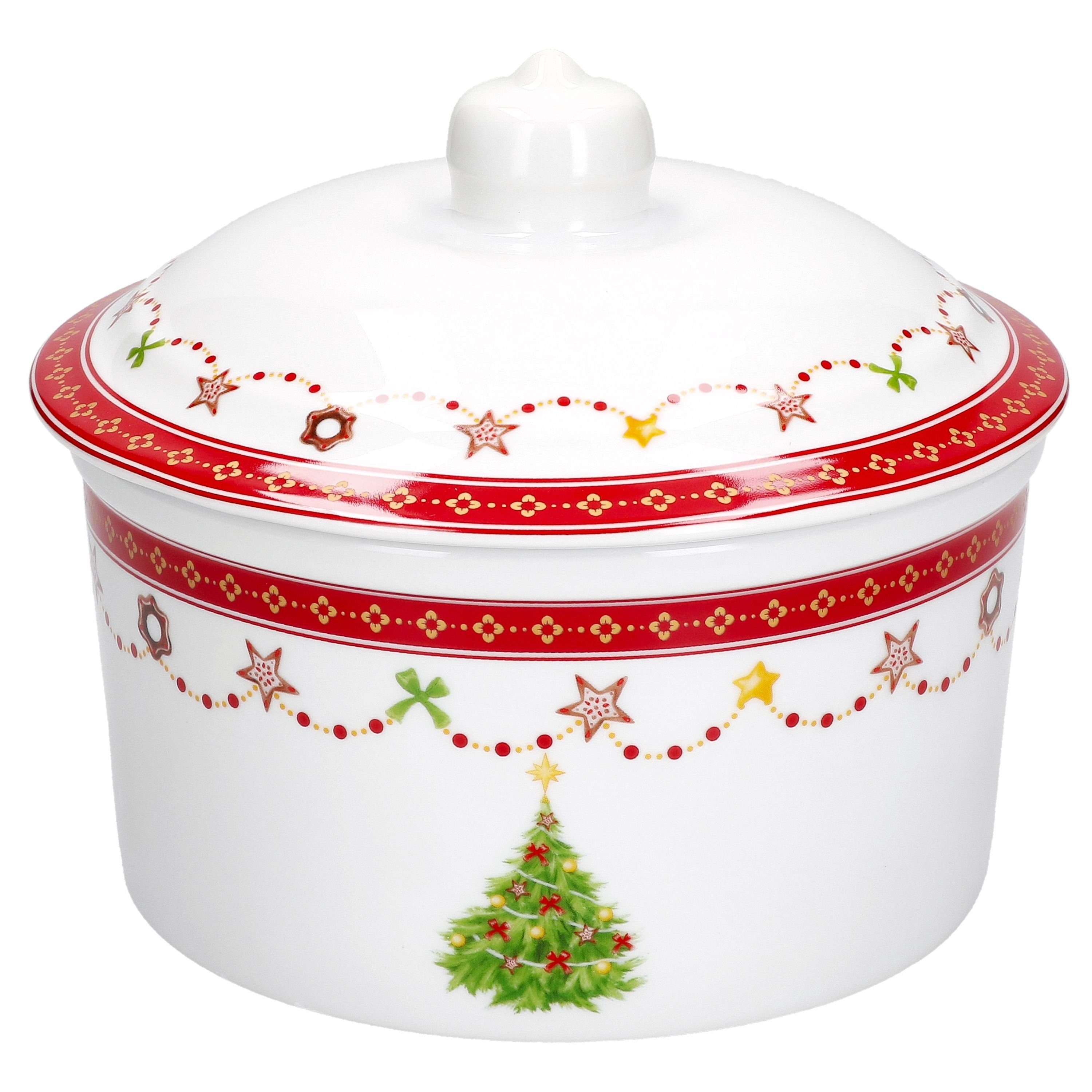 Porzellan Keks-Box, Vorratsglas 960ml rund MamboCat Porzellan Gebäckdose Weihnachten Weihnachtstraum