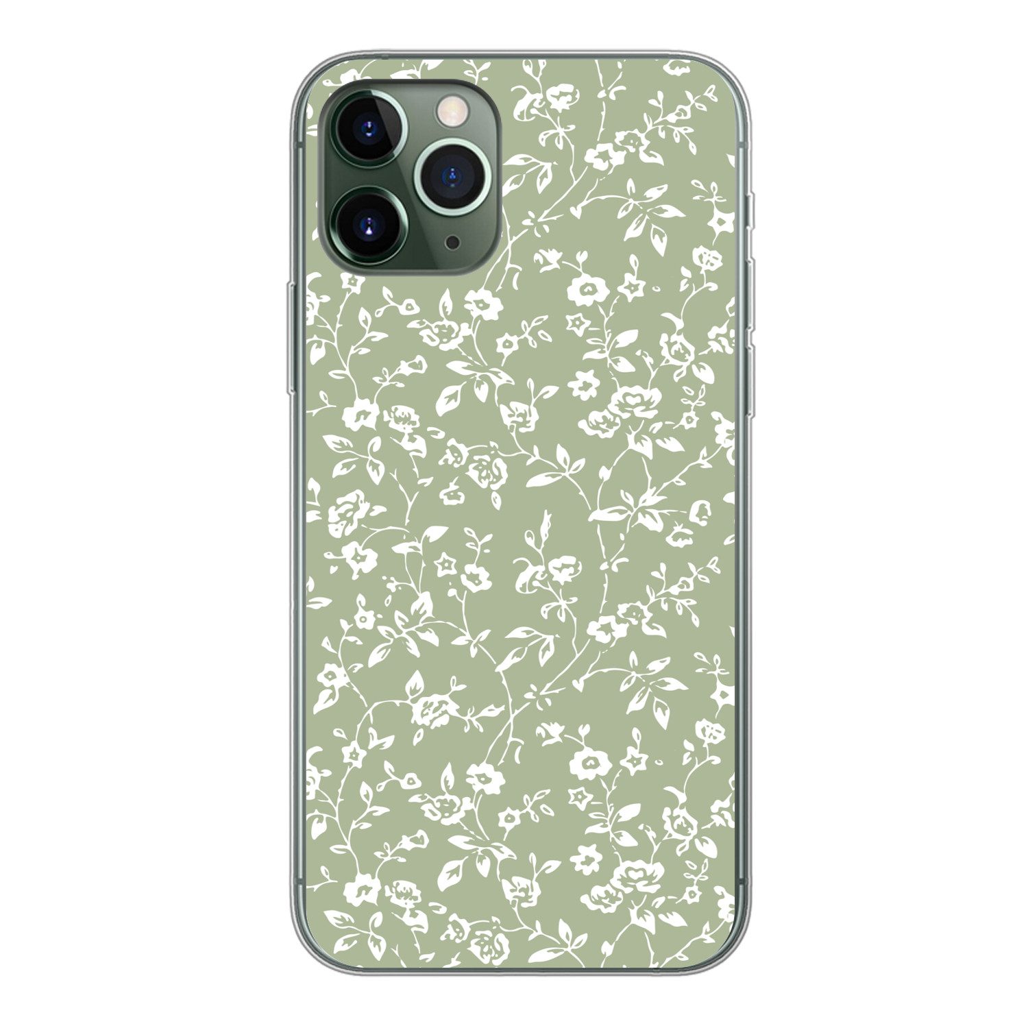 MuchoWow Handyhülle für Apple iPhone 11 Pro Blumen - Druck - Grün - Weiß, Smartphone-Bumper, Print, Handy Schutzhülle Dünn