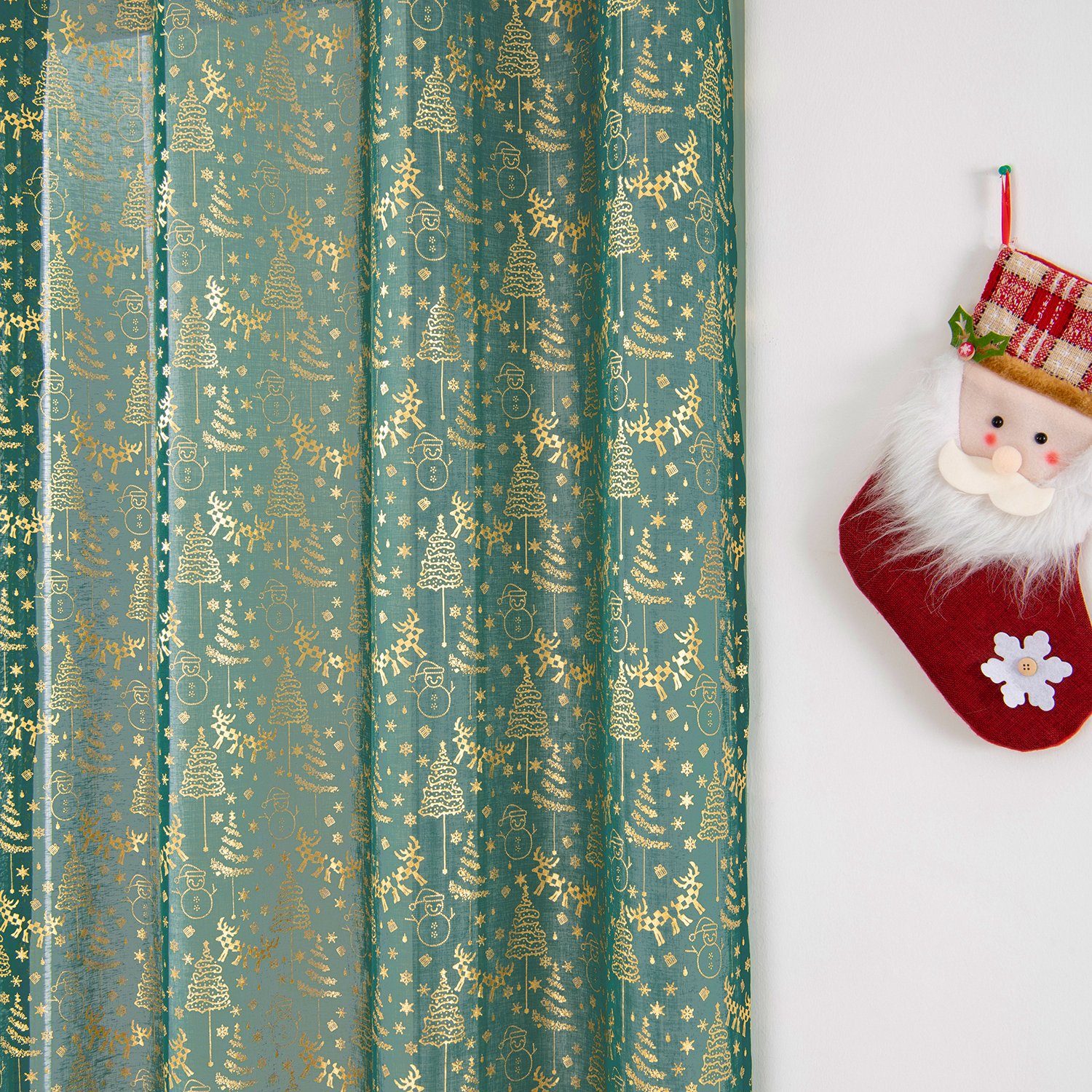 HOMEIDEAS, Ösen St), zu Vorhang halbtransparent, Weihnachten F10WH00981, Grün Gardine (2