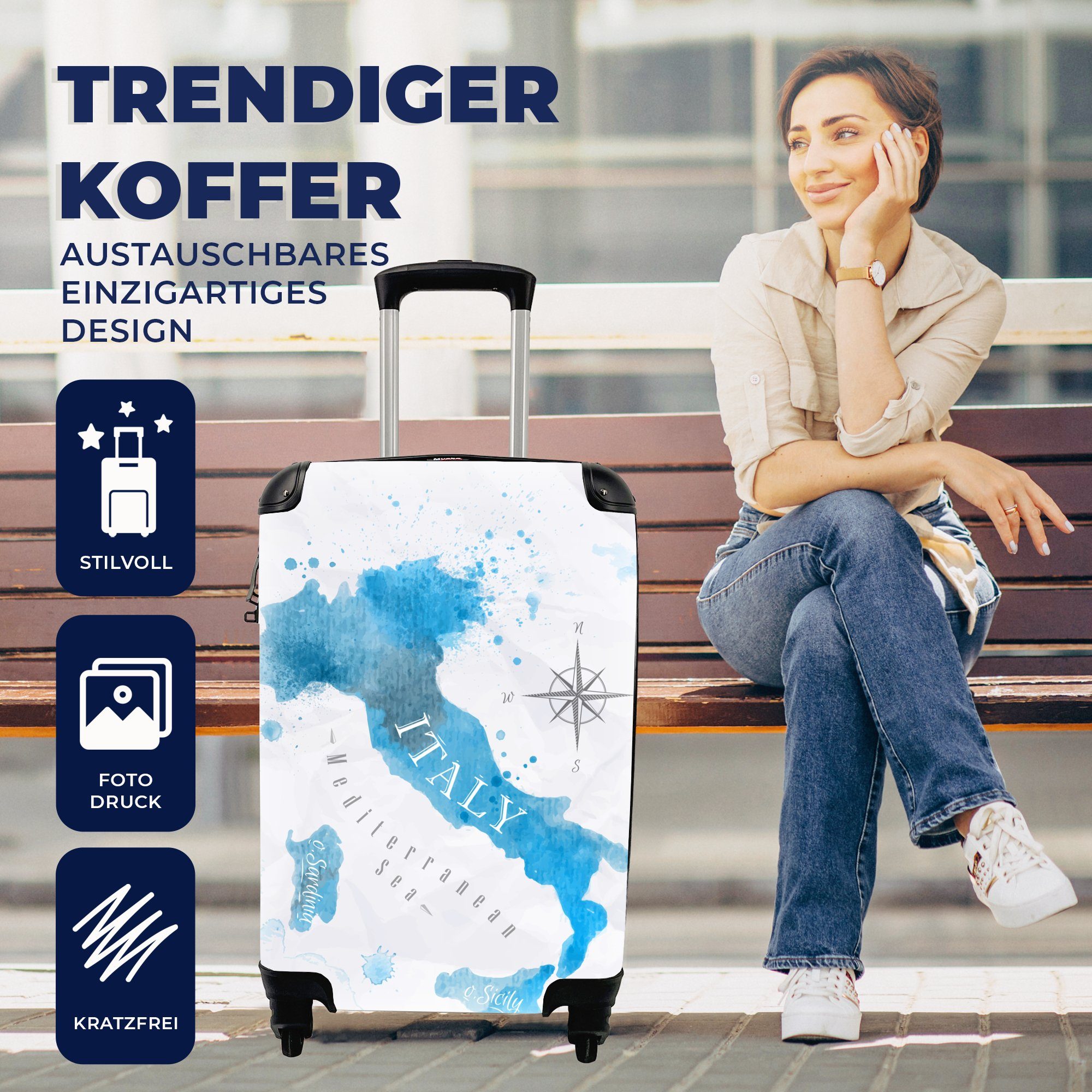 MuchoWow Handgepäckkoffer Weltkarte - Blau Reisetasche Ferien, 4 - mit Rollen, Trolley, Italien, Reisekoffer Handgepäck rollen, für