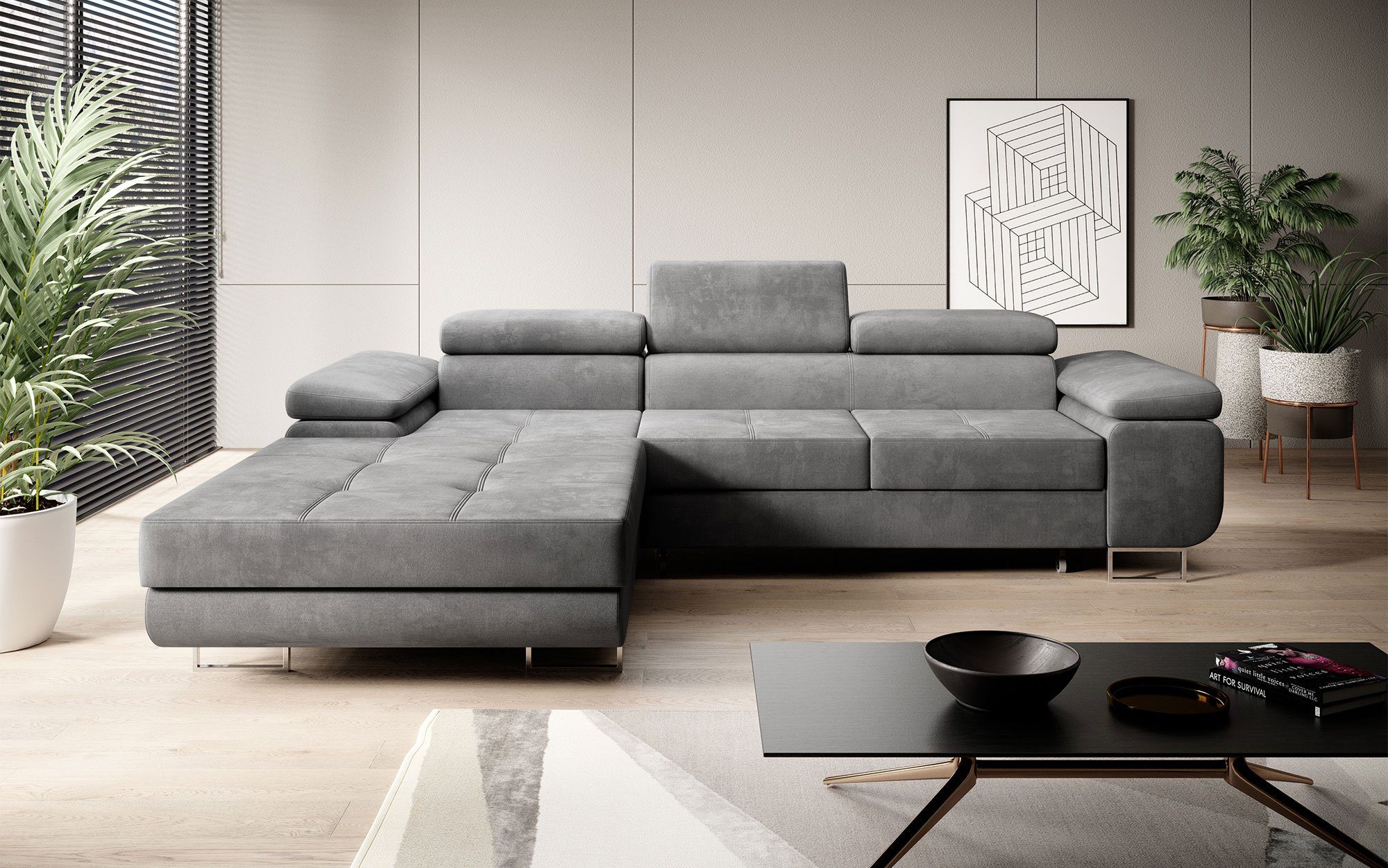 Baidani Sofa Designer Sofa Calvera mit Schlaf- und Klappfunktion, modernes Design Grau