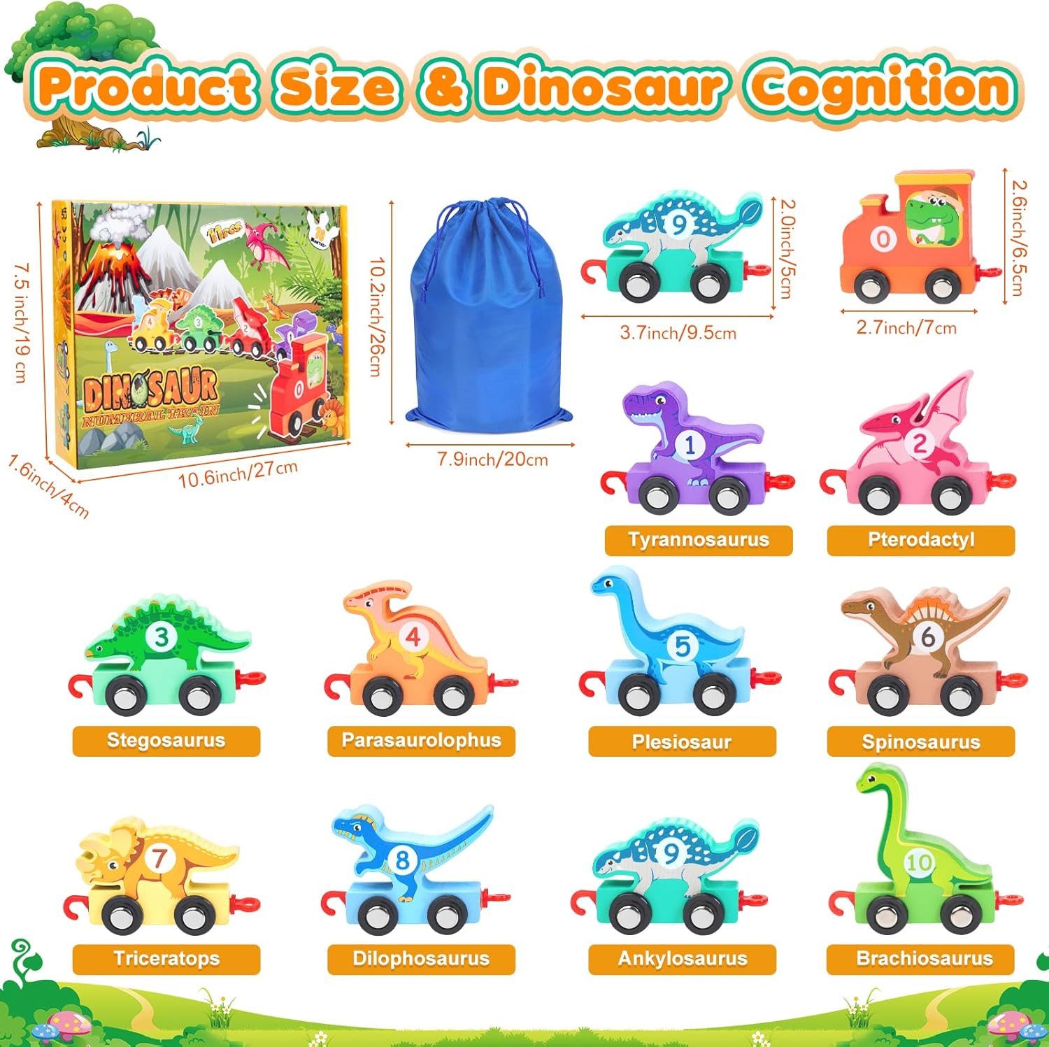 hapikids Lernspielzeug Dinosaurier-Holzzug Lernspielzeug 11-teilig für Kinder ab 3 Jahren (Dinosaurier-Holzzug Lernspielzeug 11-tlg., 11-St., Dinosaurier-Holzzu – Bild 5 von 5